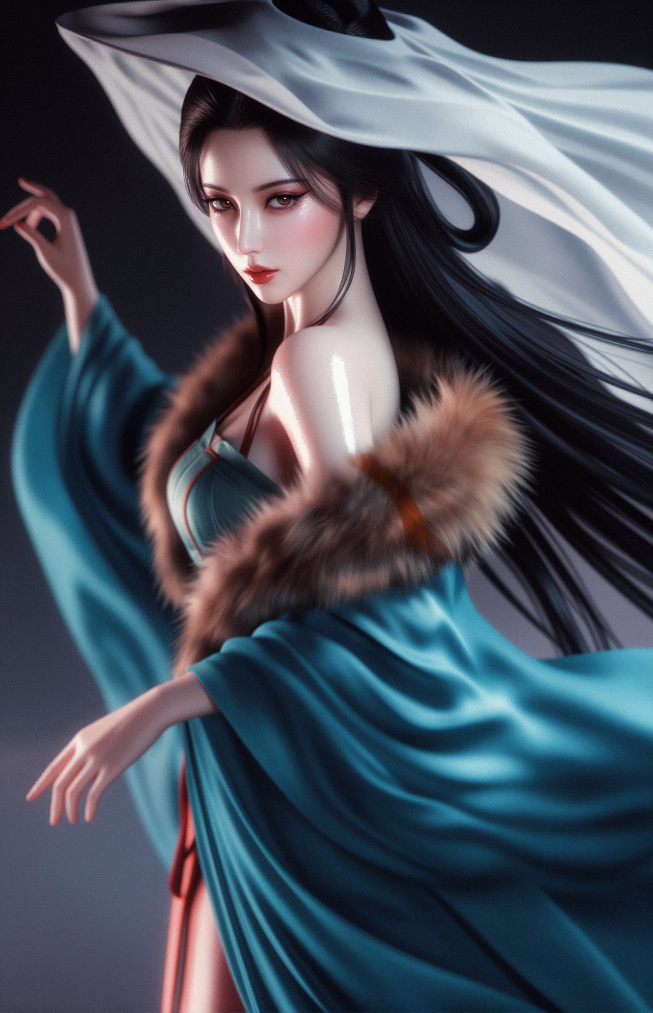 青衣，俊美妖冶，浓颜系美女，五官艳丽精致，风吹起帷帽白纱，一身青蓝色衣袍，下身衣摆飞扬飘逸，肢体动作有张力，风吹动，冬季，面部藏色，色彩浓郁丰富，阴影部分采用对比色，让画质更显通透，莹白肌肤，水润保湿光泽感肌肤，S形构图，披帛沿着构图线飘逸，夸张幻想动态，捕捉神韵，胶片摄影，镜头语言，淡彩，暗调，人物是一位美少女，容颜俊美，唐朝女生有着白皙冷白皮，皮肤光滑透亮。她散黑色的长发，气质妖冶又羞涩。远景， 光影突出主体，背景唯美，古装美女，肢体动作有张力，国色天香，裘皮大衣，进行半身特写，清冷色调，高颜值，既视感，情绪氛围感拉满，透视感，暗朦，光朦，胶片颗粒质感，层次丰富，写意，朦胧美学，光的美学，lomo效果，高级感，杰作，皮肤白皙干净光滑水润细腻清透。极致超清，插画，厚涂，气质温柔，oc渲染，超高清画质，细节丰富，精致感强，极致超清，极致细节，氛围感，眼睛狭长眼尾上挑，干净光滑的画面风格，呈现出极致清晰的光滑镜面质感画风。32K像素点压缩处理致所有细节都清晰展现。