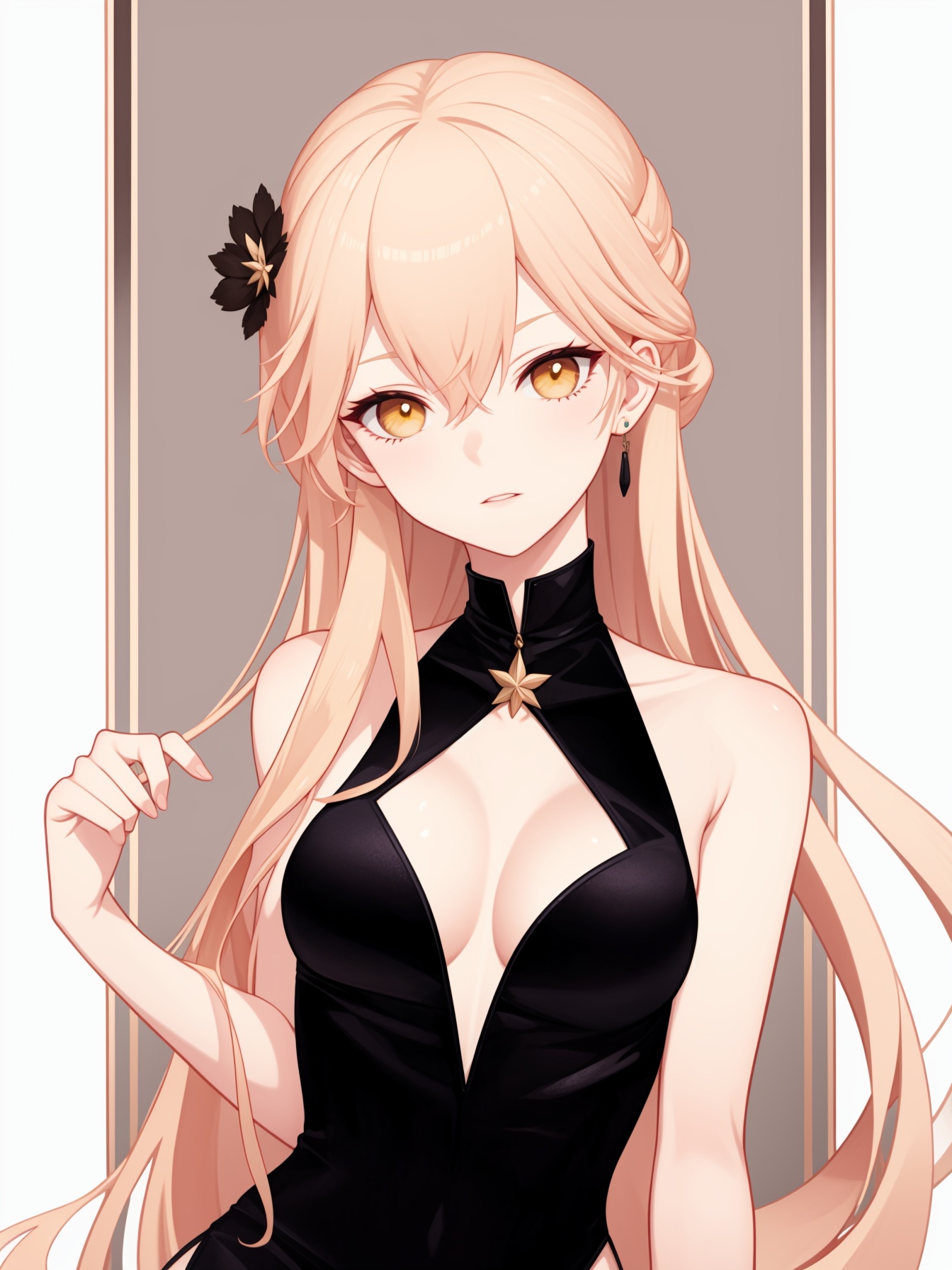 <lora:闪电:1:lbw=cahr>, ots-14 \\\(girls' frontline\\\),blonde hair,long hair,yellow eyes,bare shoulders,bangs,cleavage,dress,jewelry,black dress,collarbone,, 1girl,,  (masterpiece,best quality:1.2),absurdres