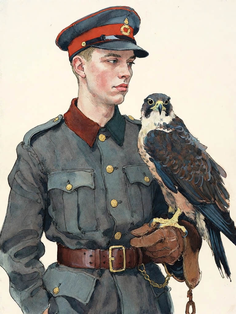 Bradhamel art style.A watercolor illustration of a young Caucasian man in a military uniform,  wearing a peaked cap and a...