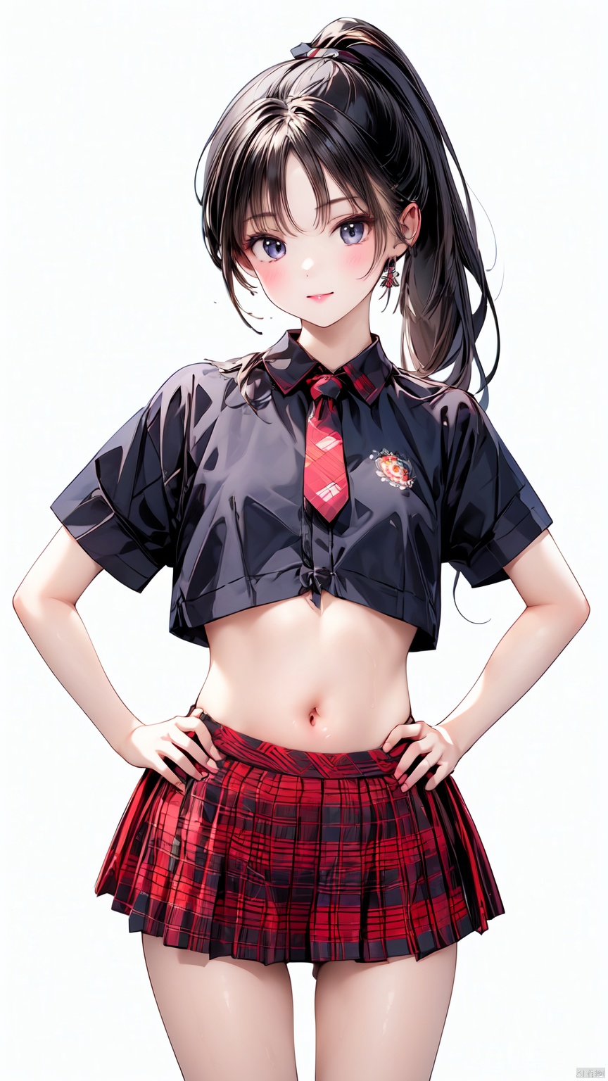 1girl, solo, long hair, looking at viewer, skirt, black hair, white background, navel, midriff, crop top, plaid, plaid skirt,Beautiful Legs,Thigh,necktie,Tight Top,Double horsetail,Ponytail,Hands on the hips.<lora:EMS-427815-EMS:0.800000>, <lora:EMS-254762-EMS:0.500000>, <lora:EMS-93-EMS:0.800000>