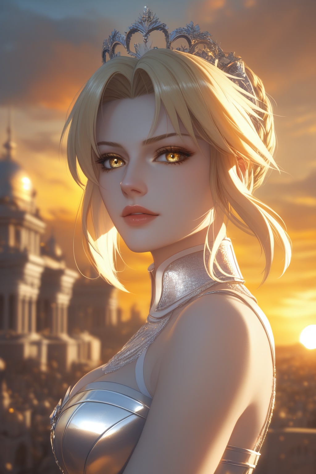 score_9,score_8_up,score_7_up,Artoria Pendragon(\Saber\),1girl,focus,beautiful eyes,cicada wing,aerial,battlefield,backlighting,blonde hair,yellow eyes,white skin,mature female,sunrise,golden sky,magnificent architecture,beautiful detailed sky,overexposure,delicate gold metal decorations,