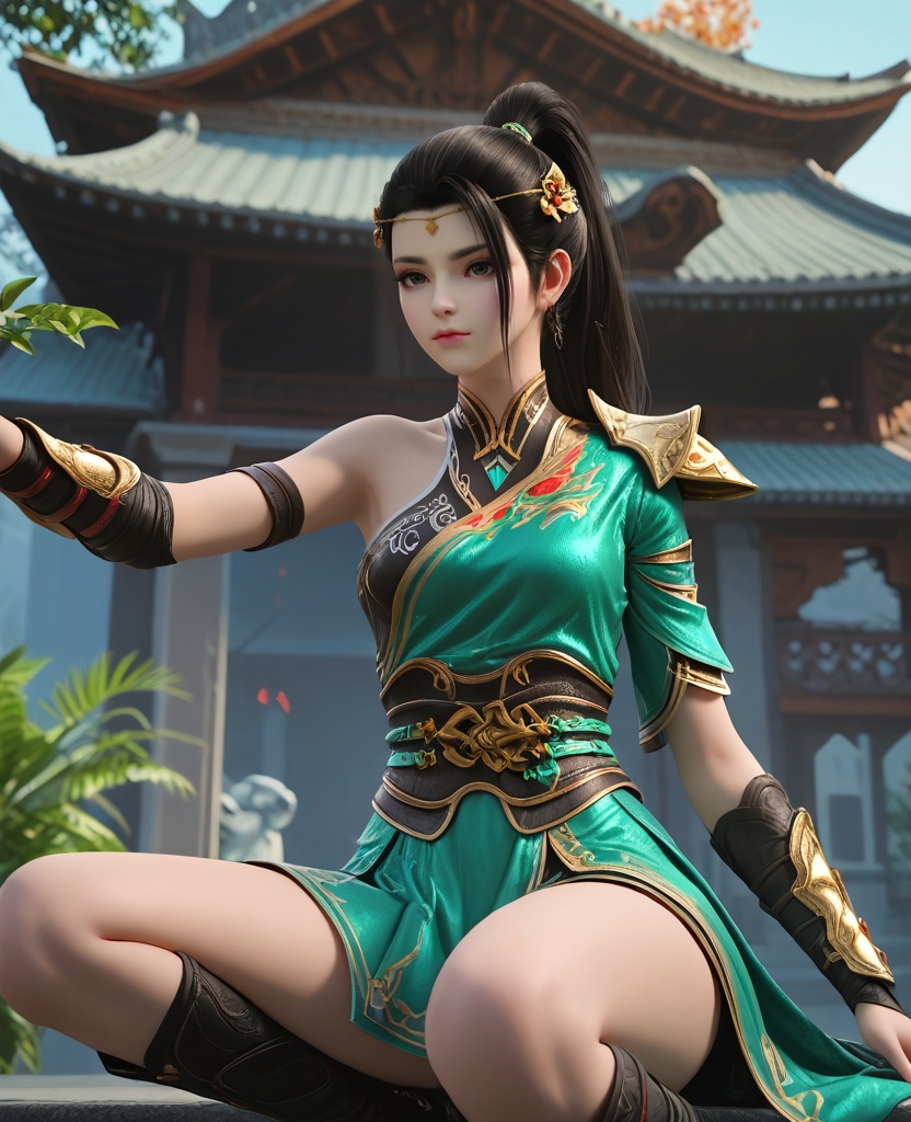 (oriental architecture, elegant decor, sophisticated style:1.1),Sitting, legs extended, arms reaching forward,,(breasts:1.2),<lora:XL16大主宰唐芊儿:0.95>,miss tangqianer,green single-sleeve robe,black miniskirt,gray eyes,black hair,ponytail,hair ornament,pauldron,sash,bracer,single bare shoulder,asymmetrical fishnets,high-heeled knee boots,black underwear,, zPDXL2, score_9, score_8_up, score_7_up BREAK realistic, masterpiece,best quality, highly detailed,, zPDXL3, zPDXL2,zPDXL, zPDXLxxx, zPDXLrl,