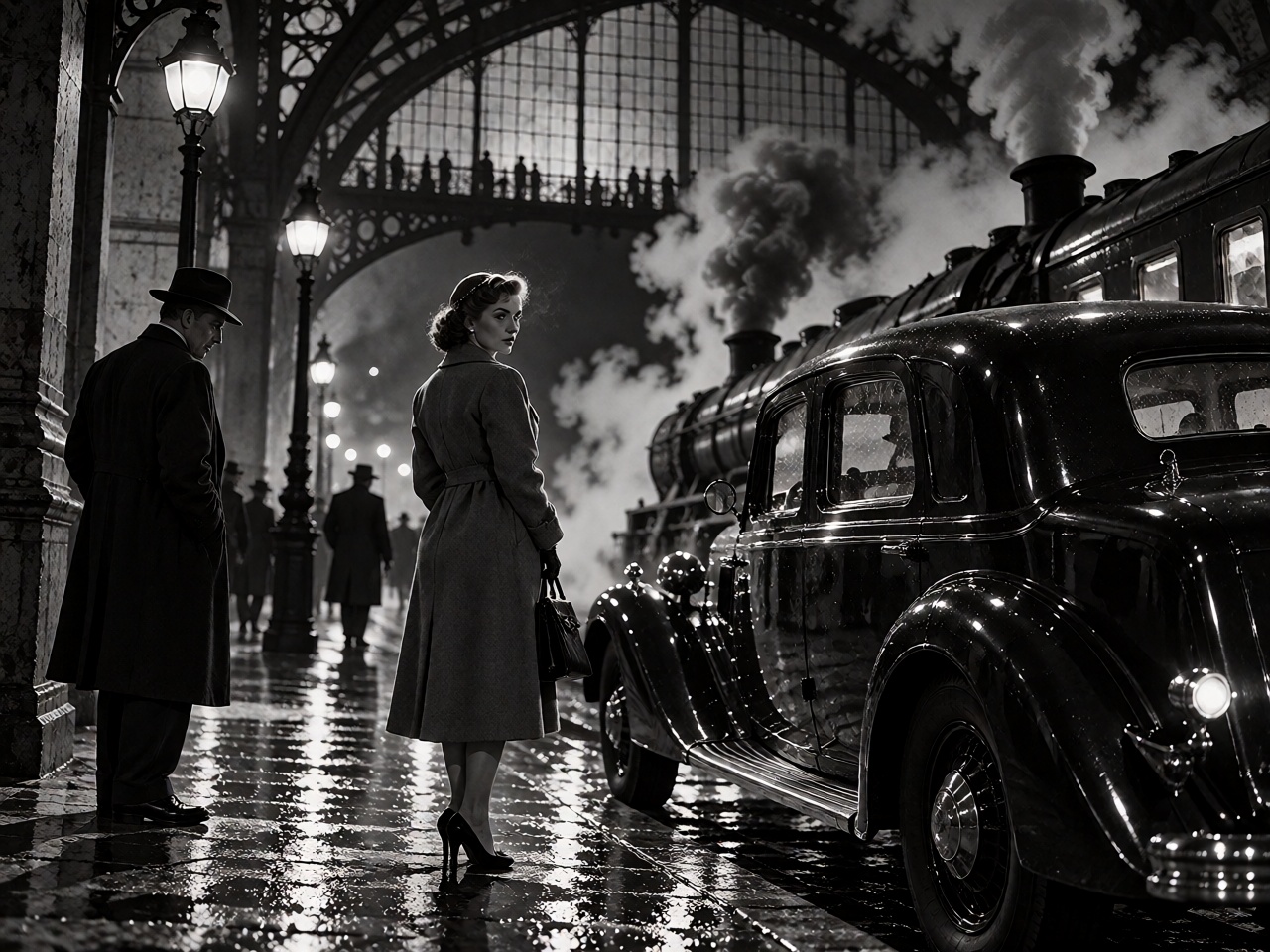 An elegant ***** woman in a fitted 1950s coat waiting beside a vintage black automobile outside a grand Paris railway stat...