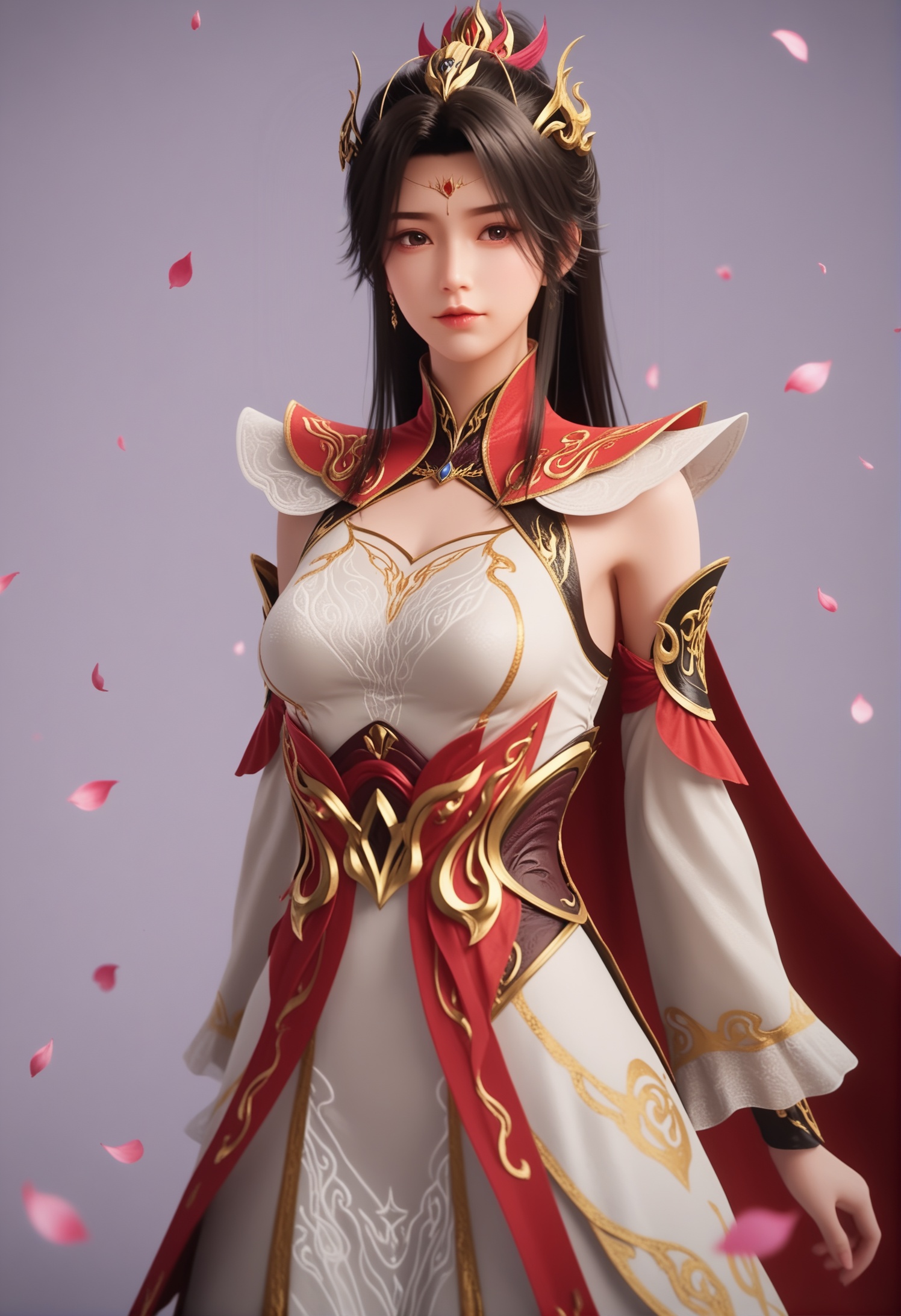 score_9,score_8_up,score_7_up,1girl,solo,advertising cover,(arms_behind_back:1.1),1girl,solo,realistic,1girl,solo,realistic,dress,red dress,white dress,detached collar,breastplate,chinese clothes,red cape,cape,detached sleeves,long sleeves,(fishnets:0.8),(white_bodystocking:0.7),(white_pantyhose:0.6),clothing cutout,realistic,jewelry,hair ornament,ribbon,metal collar,earrings,1girl,solo,realistic,(mature face:1.2),big_eyes,slender face,shiny_skin,long hair,black hair,brown hair,ponytail,brown eyes,forehead mark,facial mark,closed mouth,realistic,grey_background,gradient_background,(white_background:0.9),falling petals,(depth of field:1.2),depth_of_field,(looking at viewer:1.1),<lora:小巳-小巳-萧潇-成年pony:0.8>,