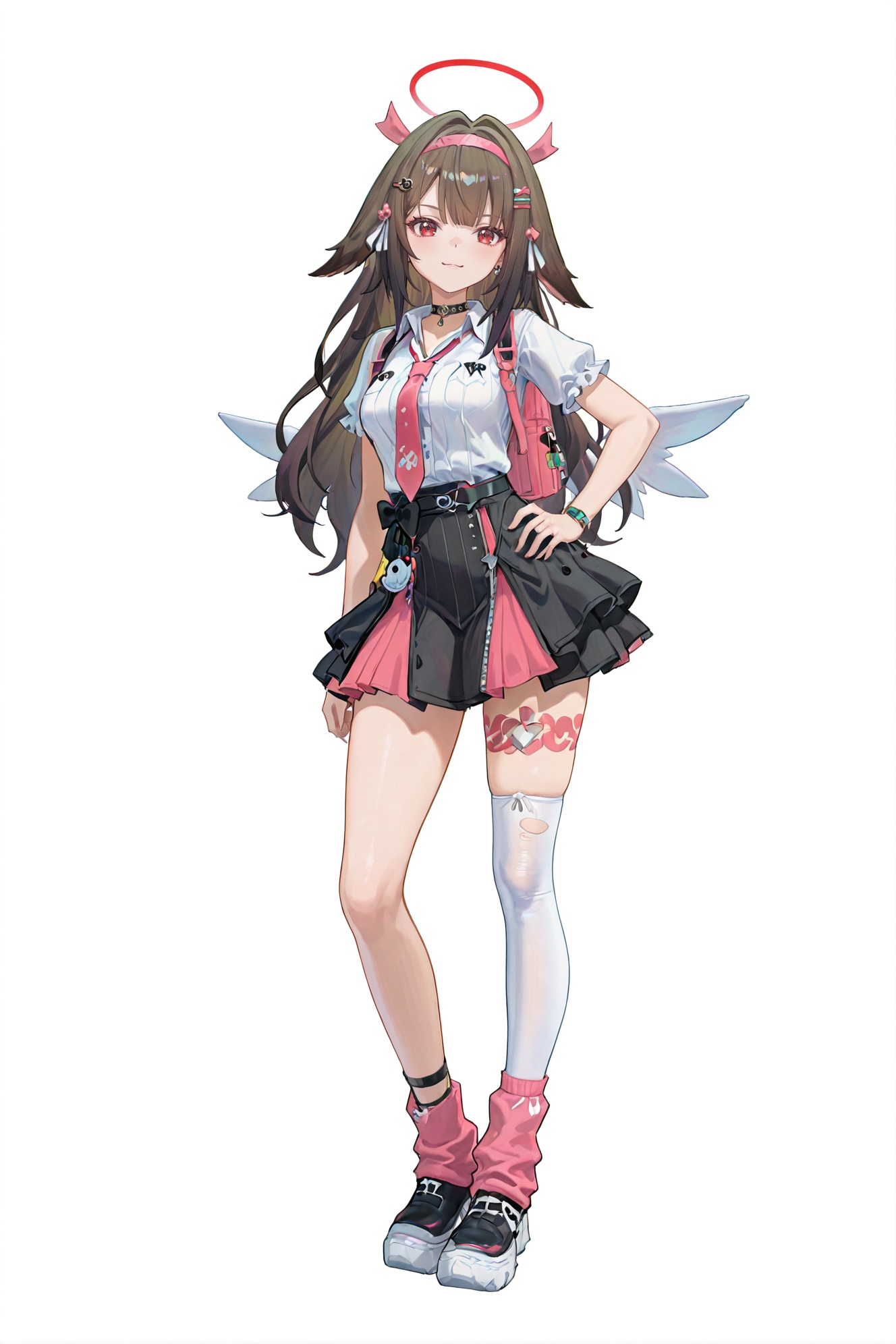 8k,best quality,masterpiece,(ultra-detailed),(high detailed skin),((artist:reoen),(artist:fuzichoco),(artist:atdan),(artist:torino_aqua),year 2024:0.8)1girl,[artist:wlop],[artist:ningen_mame],artist:ciloranko,[[artist:rhasta]],artist:tidsean,colorful,full body,full shot,standing,(solo:1.2),simple background,(white background:1.2),hand on own hip,(white background:1.1),looking at viewer,<lora:Ye_Shunguang-noob-Tanger-000014:0.9>,Ye Shunguang \(Zenless Zone Zero\),brown hair,brown animal ears,a red left thigh band tattoo,guang white and pink hairband,red hair ribbons,1girl,long hair,breasts,smile,red eyes,<lora:Sunna-noob-Tanger-000014:0.7>,clothes: def-aido white shirt with balck skirt,asymmetrical legwear,1girl,skirt,shirt,jewelry,short sleeves,earrings,wings,necktie,choker,wings,hairclip,halo,pink backpack,white single torn thighhigh,