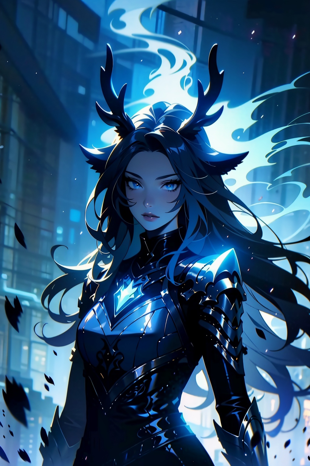 FF,(masterpiece:1.2),best quality,highres,extremely detailed CG,perfect lighting,8k wallpaper,anime,comic,game CG,1girl,solo,long hair,glowing,horns,blue theme,glowing eyes,blue eyes,looking at viewer,animal ears,antlers,dress,armor,black dress,blue fire,parted lips,