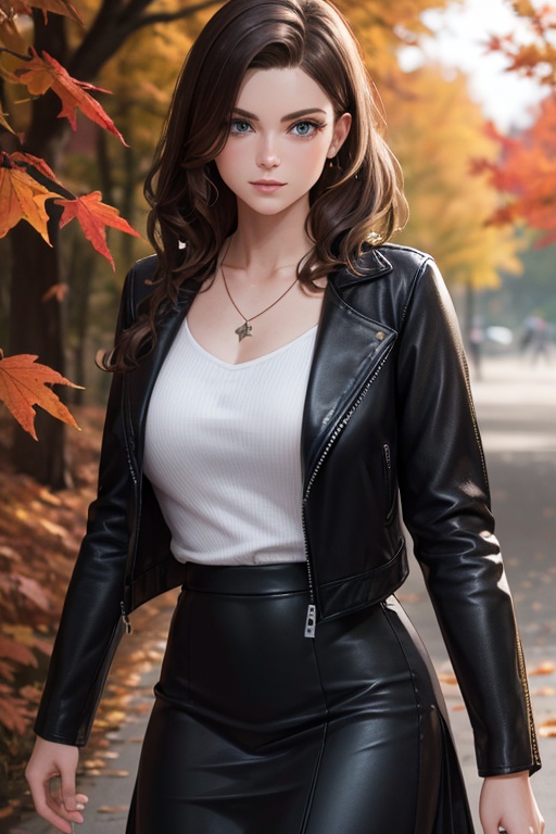masterpiece,ultra realistic,32k,extremely detailed CG unity 8k wallpaper, best quality,(autumn day ),lady ,necklace ,eardrop, Petra, Jordan, ( yellow Pair a leather jacket with a midi skirt ) , Brunette hair Half-up half-down ,