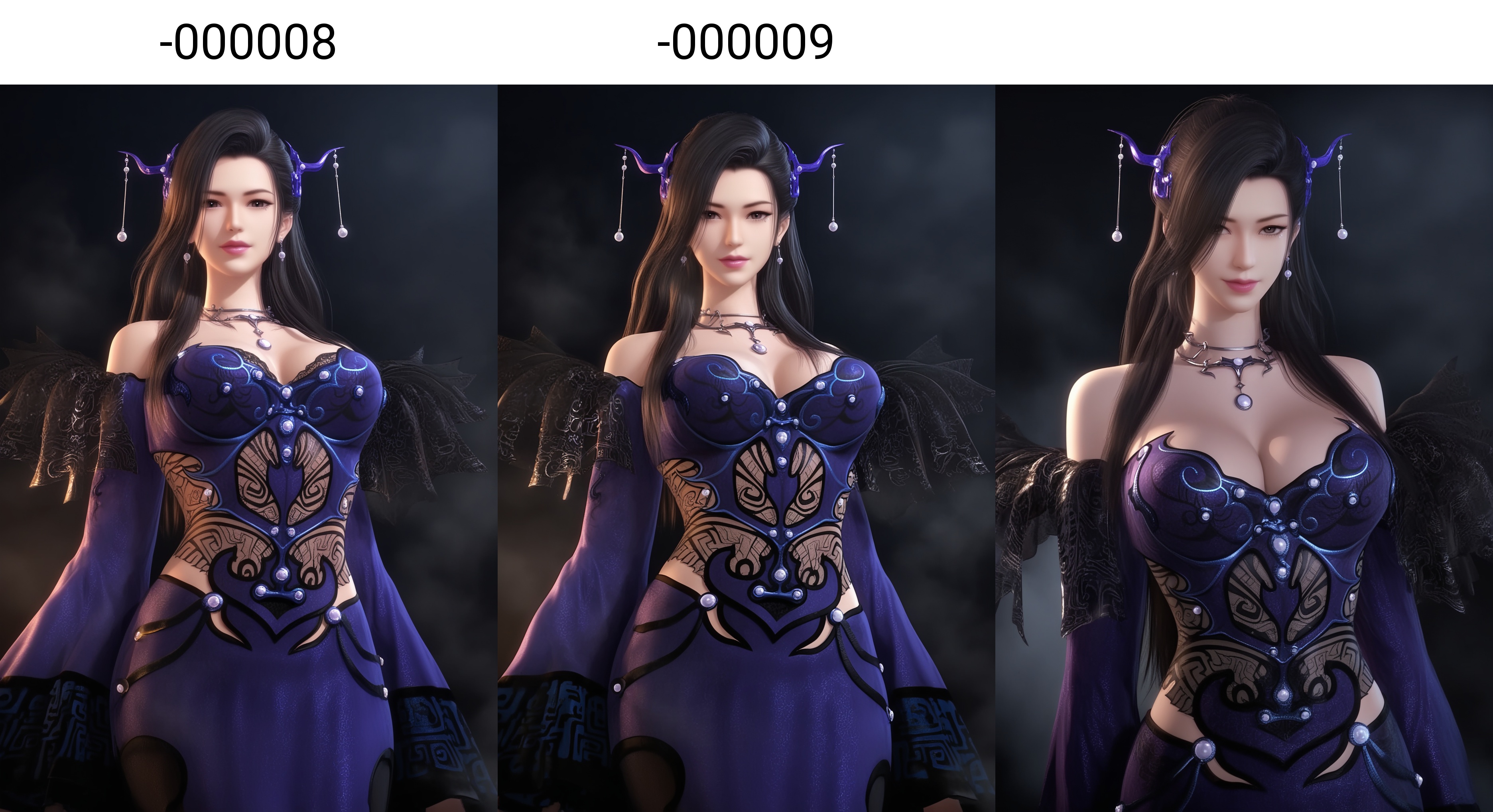 (score_9),masterpiece,best quality,absurdres,highres,(white_skin),light_skin,BREAKmature female,collarbone,narrow waist,wide hips,glamor,plump,<lora:潮女妖-ill-000008:0.83>,1girl,solo,long hair,black hair,makeup,jewelry,hair ornament,necklace,earrings,off-shoulder dress,detached sleeves,lace-trimmed dress,leg,looking at viewer,front view,cowboy shot,BREAKsimple background,black background,Tyndall effect,fog,