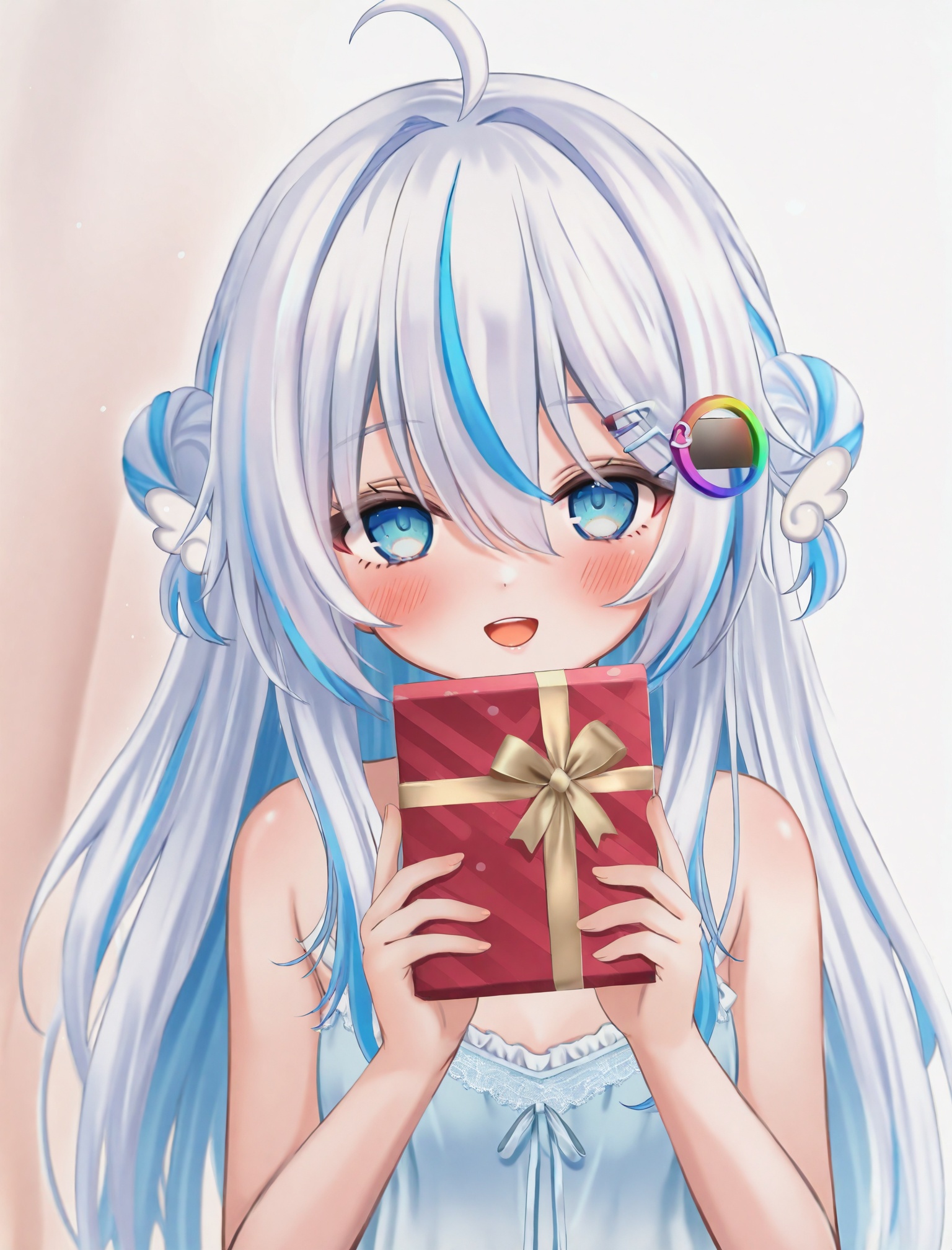 masterpiece,absurdres,best quality,loli,petite,high quality,//,1girl,virtual_youtuber,blue_eyes,wing_hair_ornament,blue_hair,multicolored_hair,hair_ornament,solo,gift,white_hair,hairclip,long_hair,smile,looking_at_viewer,blush,gift_box,camisole,hair_bun,ahoge,open_mouth,box,hair_between_eyes,upper_body,streaked_hair//,//,<lora:nuhutya——【CKXL】hans:1>,