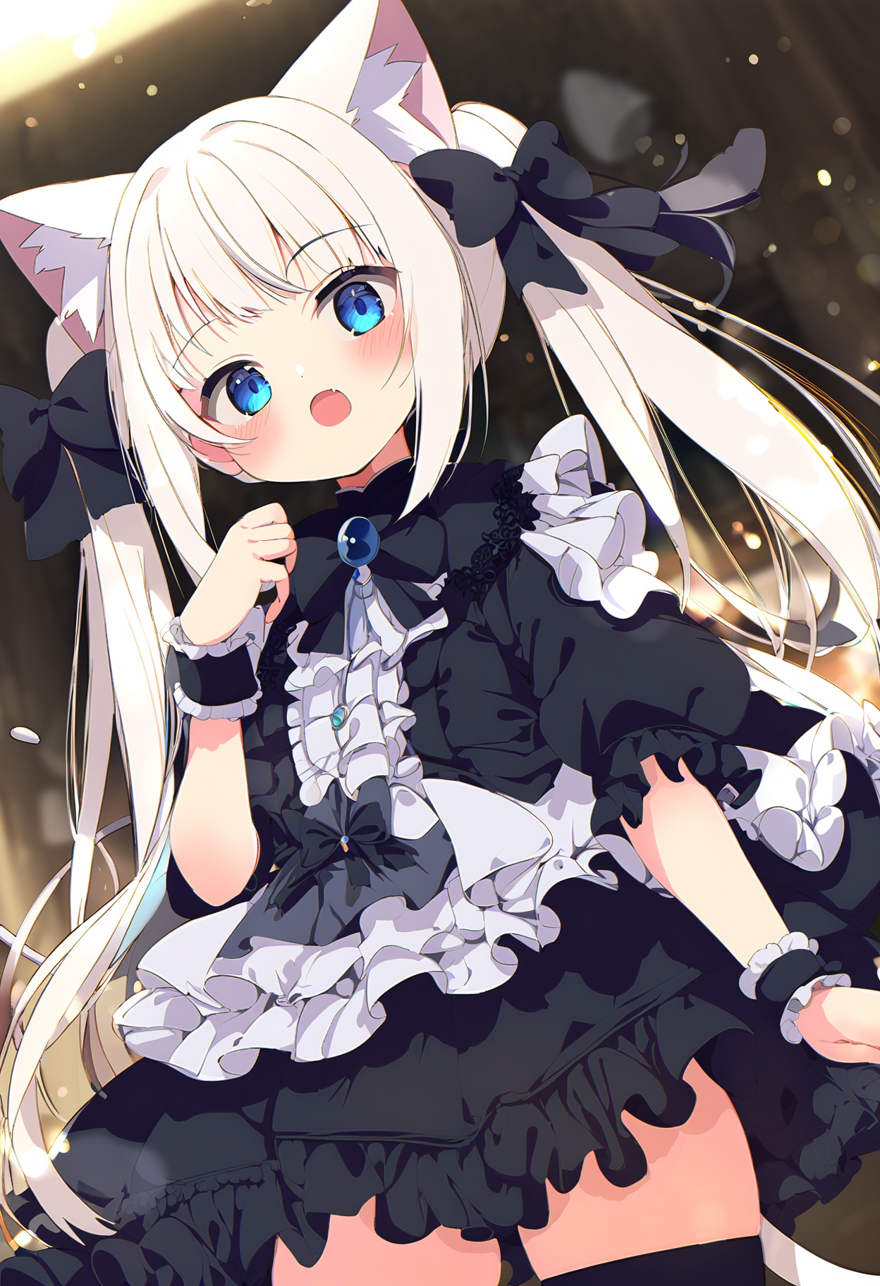 score_9,score_8_up,score_7_up,source_anime,<lora:Siro9_pony:1> BREAK 1girl,solo,kawaii,cat girl,tail,cat ears,animal ears,animal ear fluff,white hair,long hair,very long hair,twintails,hair bow,black bow,blush,open mouth,parted lips,fang,bangs,blue eyes,looking at viewer,gothic lolita,dress,frills,black thighhighs,standing,cowboy shot,hand up,wrist cuffs,