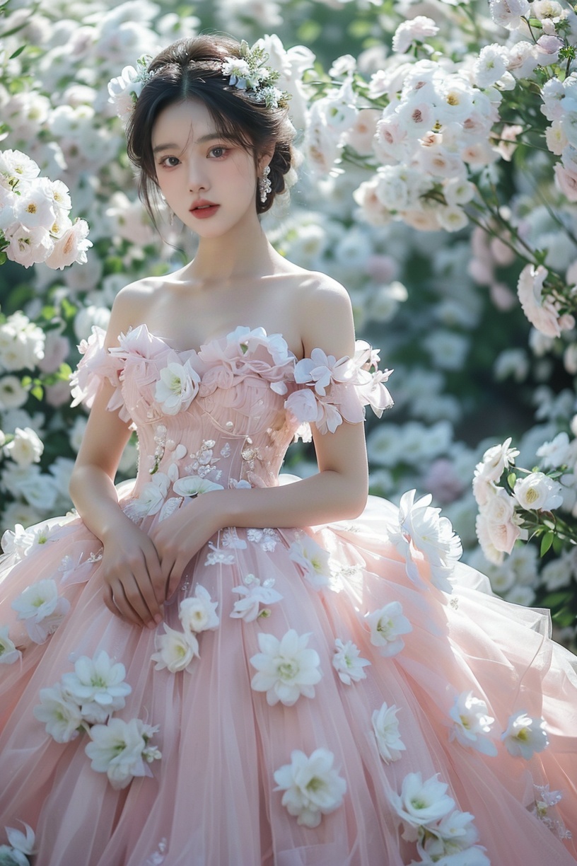 (best quality, masterpiece:1.3),1girl,dress,solo,flower,white flower,breasts,earrings,black hair,cleavage, (looking_at_viewer:1.4),(eye-contact:1.4), jewelry: spring_flower, (pink wedding dress:1.4), Tindal Light, <lora:YG花海:0.7>,