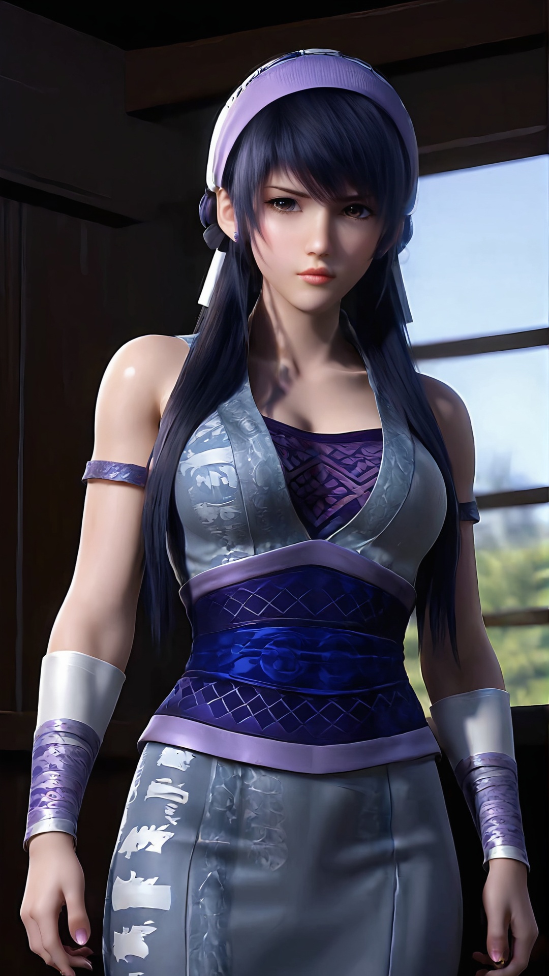 The image is a close-up portrait of a young woman with long dark hair. She is wearing a purple and white striped headband with a white ribbon tied around it. Her hair is styled in loose waves and falls over her shoulders. She has a serious expression on her face and is looking directly at the camera. The background is dark and blurred, but it appears to be a room with a wooden door and a window. The woman is also wearing a black and white patterned top with a high neckline. The overall mood of the image is serious and contemplative.<lora:pony端木蓉:0.8>,