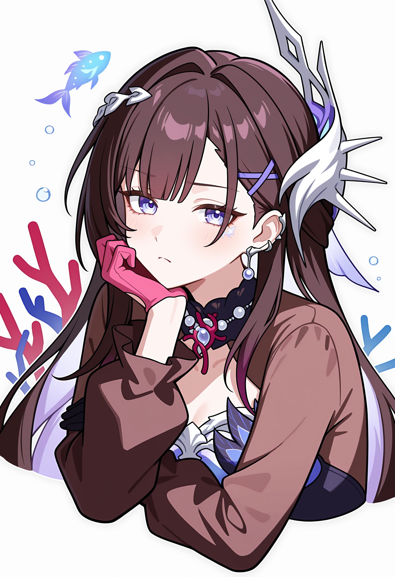artist:hana \(nemukunai87\),hysilens \(honkai: star rail\),1girl,brown hair,brown shirt,colored inner hair,coral,cropped torso,earrings,fish,frown,gloves,grey background,hair ornament,head rest,jewelry,long hair,looking at viewer,multicolored hair,multiple earrings,pink gloves,purple eyes,purple hair,shirt,simple background,single glove,solo,very long hair,<lora:hysilens_v01-000033>,