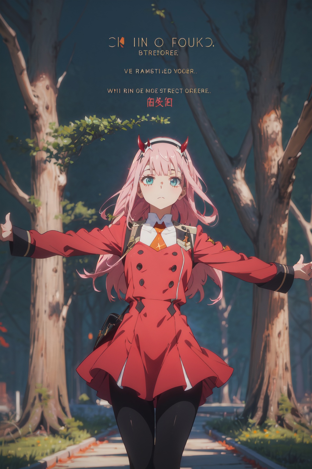 1girl,looking at viewer,solo,long hair,pink hair,straight hair,bangs,white hairband,horns,green eyes,eyeshadow,uniform,military uniform,long sleeves,short necktie,orange necktie,dress,red dress,double-breasted,black pantyhose,anime coloring,02_CYQL,<lora:02:0.8:lbw=MIDD>,(moaning hugging own legs cowboy_shot foreshortening:1.1),beautiful face,beautiful eyes,glossy skin,shiny skin,Sequoias, Trees, Grove, Forest, Old, Serenity, Shadows, Nature,Bluebells, Beech trees, Misty dawn, Carpet of flowers, Early morning light, Birdsong,beautiful detailed sky,beautiful detailed glow,(movie poster:1.2),(border:1.3),(English text:1.4),posing in front of a colorful and dynamic background,masterpiece,best quality,beautiful and aesthetic,contrapposto,female focus,fine fabric emphasis,wallpaper,fashion,depth of field,intricate_detail,finely_detailed,fine_fabric_emphasis,glossy,<lora:增强减少细节add_detail:0.4>,