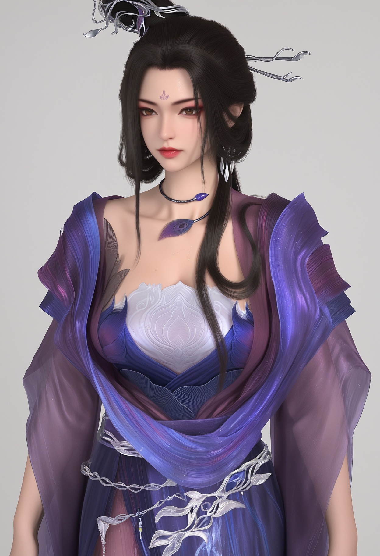 (score_9),masterpiece,best quality,absurdres,highres,(white_skin),(sweaty skin),(Ivory_skin),light_skin,(very sweaty),BREAKmature female,collarbone,<lora:风秋雨2-ill:0.85>,1girl,solo,brown eyes,long hair,black hair,hair ornament,forehead mark,choker,(updo),sheer ruffled sleeves,flowing long gown,layered dress,jewelry,long skirt, (large teardrop breasts),(large breasts),wide hips,BREAKlooking at viewer,front view,cowboy shot,BREAKsimple background,white background,