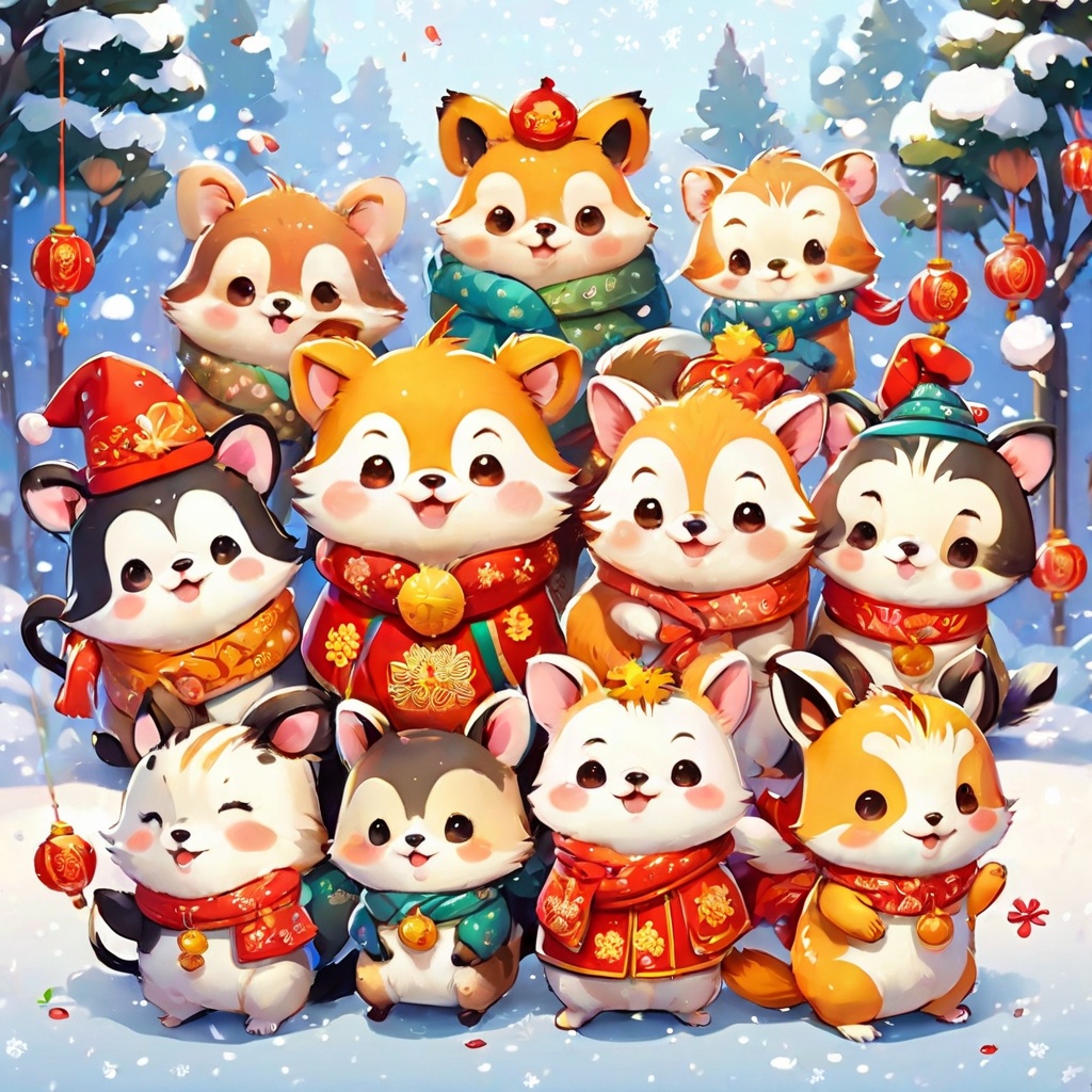 many animals,cute,poakl cartoon newyear style,best quality,masterpiece,<lora:poaklSDXLcartoonnewyearV2-000007:0.6>,