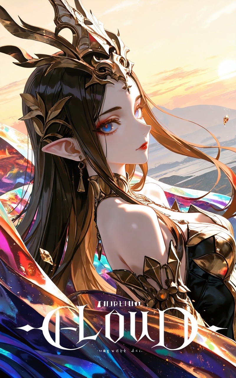 <lora:美杜莎-0.0819:0.6>,meidusha,1girl,pointy ears,solo,long hair,earrings,jewelry,black hair,crown,hair ornament,looking at viewer,brown hair,blue eyes,red lips,makeup,(upper_body:1.1),close-up details,outstanding style,adding a touch of dimension to your images without compromising details,whirls of vapor,iridescent textures,(Anime:1.1),ethereal ambiance,delicate details,magical high-concept,32K UHD,sharp focus,best-quality,masterpiece,golden hour,unconventional supreme masterpiece,masterful details,temperate atmosphere,with a high-end texture,in the style of fashion photography,photography,cover,dynamic angle,dynamic posture,(artist:quasarcake:0.8),extreme aesthetic,(wlop:0.6),(honjou raita, lack, rella:0.5, wanke),masterpiece,best quality,good quality,very aesthetic,absurdres,visual impact,a shot with tension,ultra-high resolution,32K UHD,sharp focus,best-quality,masterpiece,emotionalization,unconventional supreme masterpiece,masterful details,temperate atmosphere,with a high-end texture,in the style of fashion photography,(visual impact:1.2),giving the poster a dynamic and visually striking appearance,impactful picture,official art,colorful,splash of color,movie perspective,masterpiece,best quality,amazing quality,very aesthetic,absurdres,best quality,newest,
