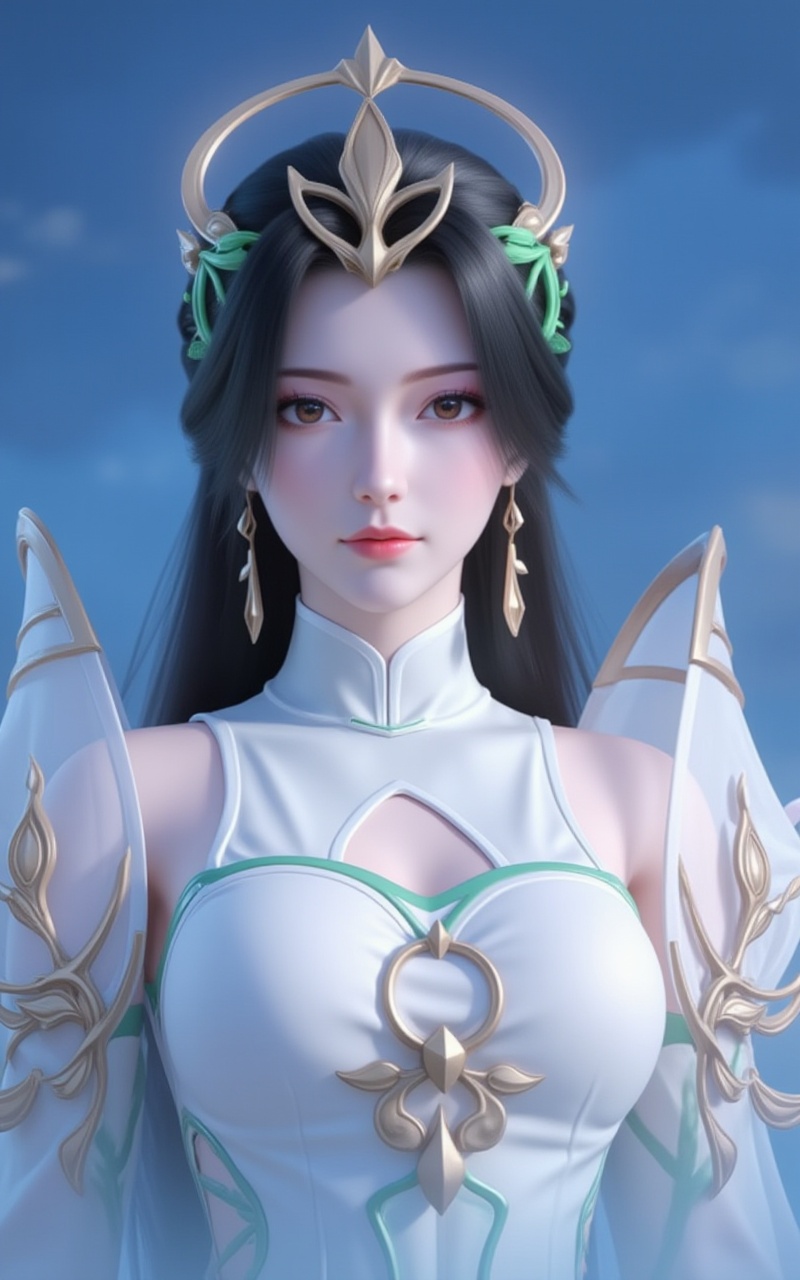 <lora:柳神8:1>,liushen,1girl,solo,white dress,hair ornament,jewelry,dress,earrings,upper body,black hair,long hair,clothing cutout,forehead mark,facial mark,wings,halo,closed mouth,blue background,cleavage cutout,cover,simple background,gradient background,close-up details,outstanding style,adding a touch of dimension to your images without compromising details,close-up,<lora:DJ滤镜_2.5D版:0.4>,lvjing,