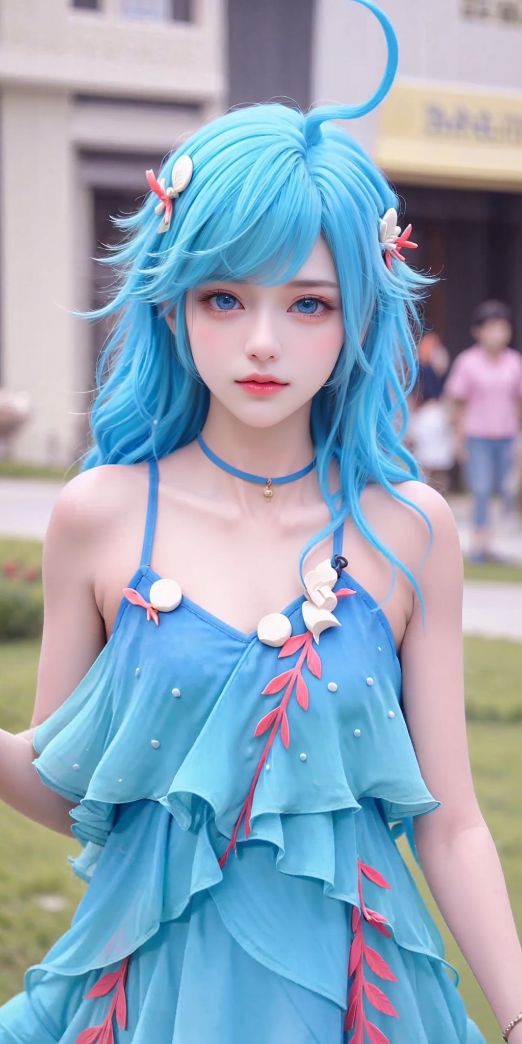 <lora:DUOLIYA_20231223040150:0.75>,DUOLIYA,1girl,blue hair,dress,long hair,(ahoge:1.3),solo,blue dress,blue eyes,blue hair,outdoors,ahoge,jewelry,hair ornament,bracelet,bare shoulders,bare legs,bangs,blue eyes,hair ornament,<lora:danya-img-b:0.5>,pale skin,(upper_body:1.5),, (raw photo:1.2),((photorealistic:1.4))best quality,masterpiece,illustration,an extremely delicate and beautiful,extremely detailed,CG,unity,8k wallpaper,Amazing,finely detail,masterpiece,best quality,official art,extremely detailed CG unity 8k wallpaper,absurdres,incredibly absurdres,huge filesize,ultra-detailed,highres,extremely detailed,beautiful detailed girl,cinematic lighting,1girl,pale skin,tall female,(perfect body shape),skinny body,Slender legs,