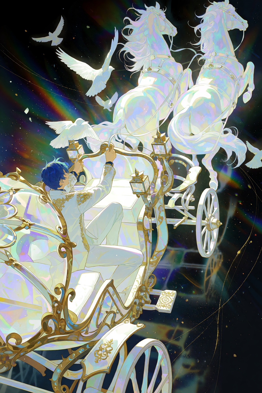 A high-angle full shot depicts a man aboard an ornate,  crystalline carriage with gold filigree metalwork,  pulled through...