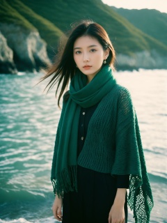 8K,raw,from below,1 chinese gril,solo,earrings,(full body:1.3),standing,long legs,sweater,Dark green scarf,sea,The glimmer of the sea,KODAK Ektar 100,(Film grain:1.2),light particles,looking at viewer,