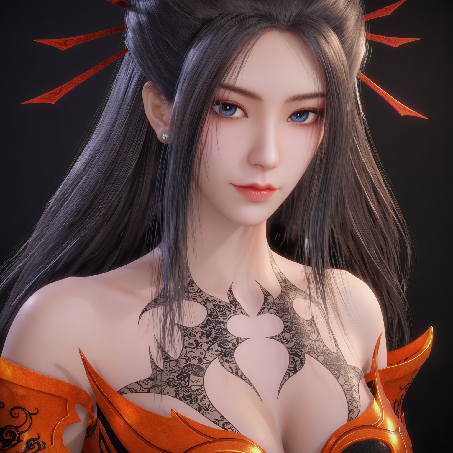 1girl,solo,<lora:ponyyanlingjiV5:0.8>,black_hair,long_hair,tattoo,hair_ornament,bare_shoulders,breasts,dress,blue_eyes,armor,score_9,cleavage,hair_bun,realistic,nail_polish,red_lips,black_eyes,brown_hair,red_dress,jewelry,earrings,BREAK score_9,upper_body,portrait,shiny_skin,looking at viewer,cinematic lighting,volumetric lighting,solo focus,(huge breasts:0.9),(simple background,pure black background,black background:1.1),