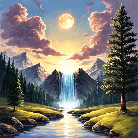 Under the eerie glow of a full moon,  a dark and ominous landscape unfolds. A vibrant,  colorful tree stands by the edge o...