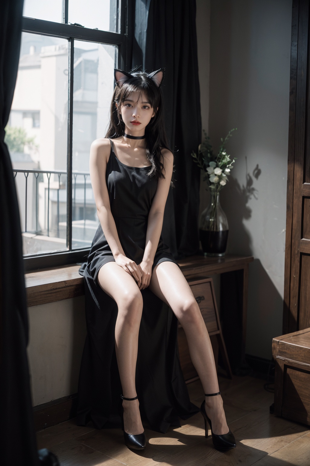 1girl,animal ears,long hair,dress,solo,high heels,indoors,black dress,grey hair,cat ears,sleeveless,window,choker,sleeveless dress,sitting,mirror,black choker,bare shoulders,bangs,thigh strap,jewelry,nail polish,full body,bare arms,