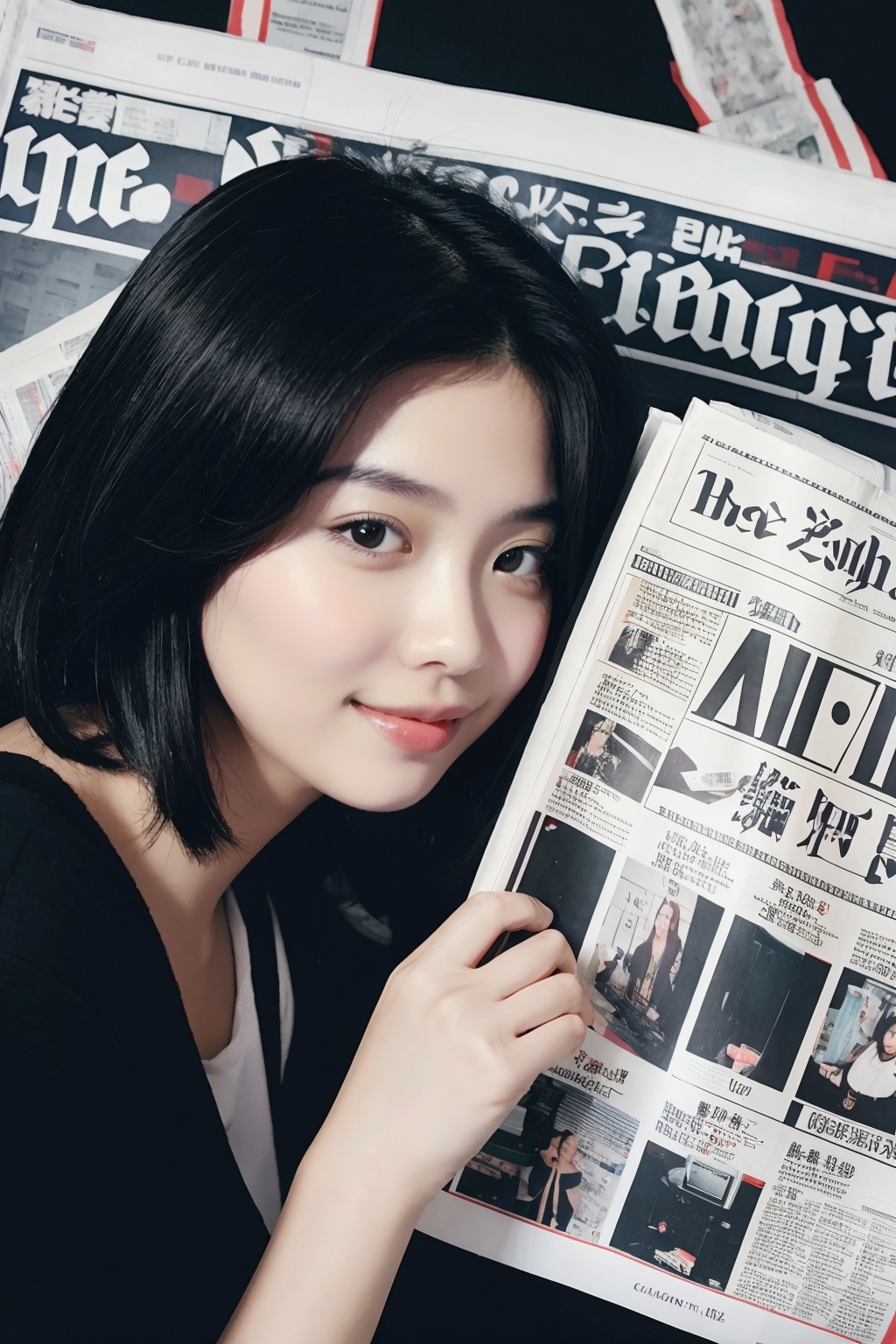 (Camera film style:1.1),1girl,asians,((newspaper background)),black hair,floating hair,looking at viewers,happy,((side)),laying on bed,(studio light),soft light,dark style,night style,, masterpiece,best quality,