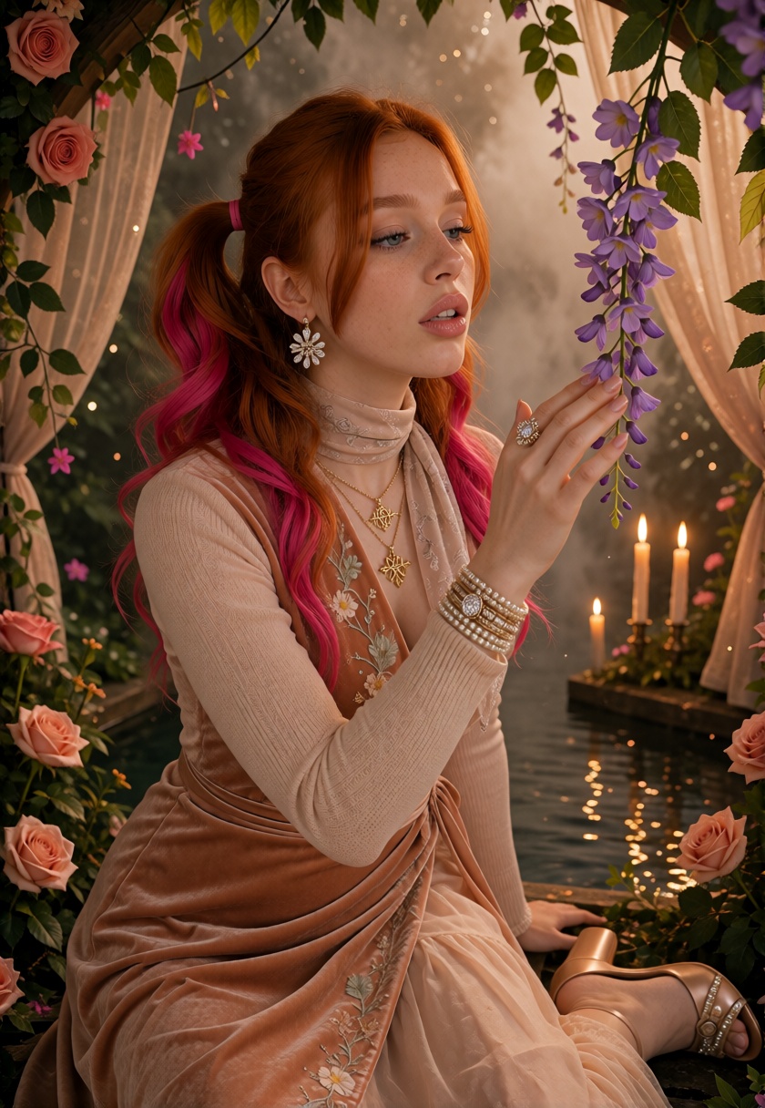 RoseX,  blue-green eyes,  auburn-red hair styled in twin pigtails on Tensor.Art