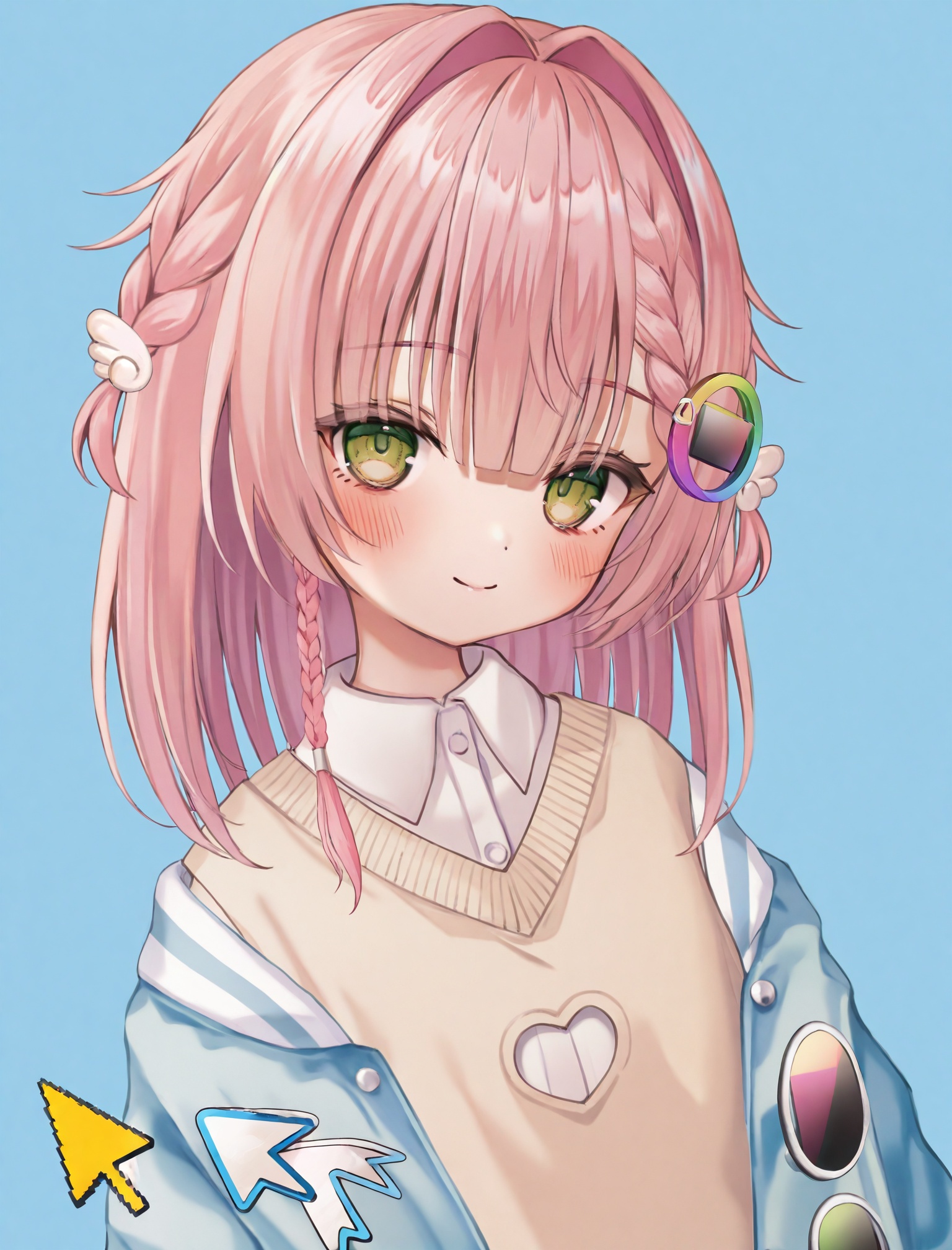 masterpiece,absurdres,best quality,loli,petite,high quality,//,1girl, pink_hair, wing_hair_ornament, braid, solo, green_eyes, blue_background, blush, jacket, sweater_vest, looking_at_viewer, virtual_youtuber, shirt, simple_background, hair_ornament, blue_jacket, collared_shirt, brown_sweater_vest, medium_hair, smile, white_shirt, closed_mouth, yellow_sweater_vest, off_shoulder, upper_body, clothing_cutout, sweater, cursor, open_jacket, open_clothes, light_blue_background, hair_intakes//,//,<lora:nuhutya——【CKXL】hans:1>,