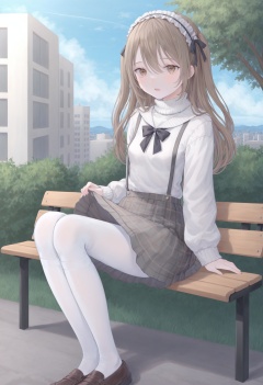 best quality, masterpiece,1girl, solo, skirt, breasts, long hair, simple background, shimada arisu, white background, small breasts, suspenders, pantyhose, long sleeves, suspender skirt, white pantyhose, brown eyes, blush, black ribbon, looking at viewer, ribbon, no shoes, hair ribbon, bangs, full body, sleeves past wrists, clothes lift, light brown hair, turtleneck, shirt, sweater, lifted by self, hairband, no panties, parted lips, skirt lift, white sweater, plaid, open mouth, hair between eyes, crotch seam, white shirt, plaid skirt, two side up, brown hair ,cloud, solo, outdoors, scenery, sky, school uniform, tree, bench, day, sitting, blue sky, serafuku, building, wide shot, shadow, cloudy sky, summer, shoes, railing  <lora:poireXLlokr4f-000287:0.7>
