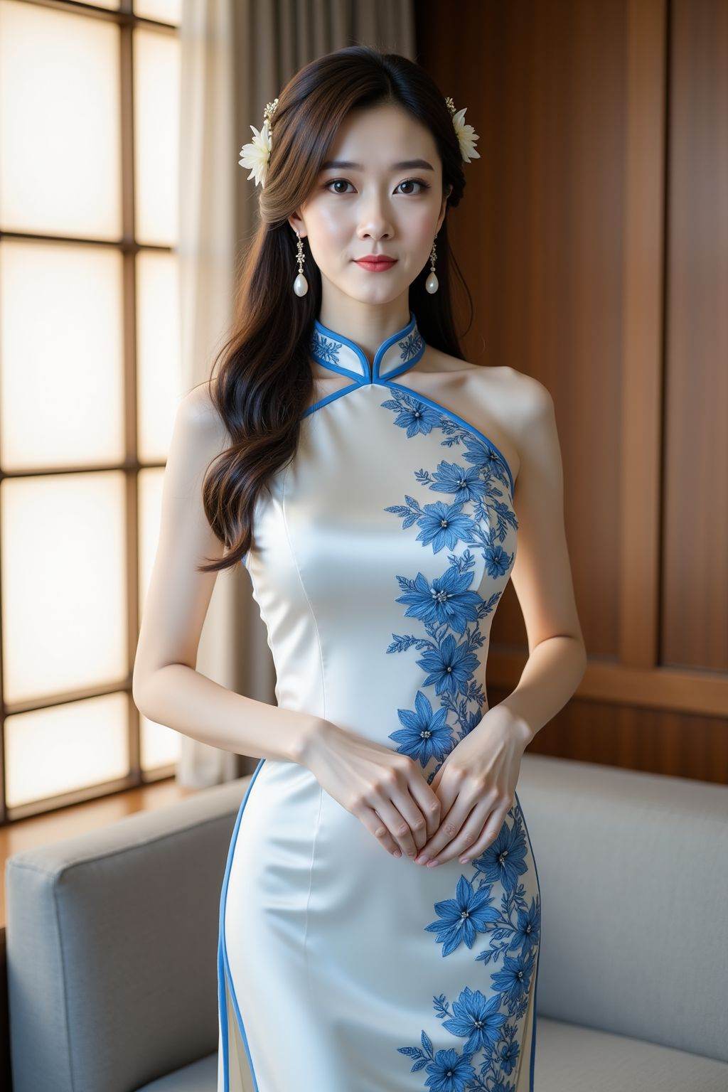 The image shows a woman standing in an elegant indoor setting. She is wearing a white and blue sophisticated sleeveless satin-like halter neck cheongsam,with a high neckline. The dress features intricate floral embellishments on the left shoulder. Her is long hair,adorned with delicate hair accessories that include a floral headpiece and dangling earrings and looking at viewer. The background consists of softly lit windows,a wooden panel,and a modern-style sofa,creating a warm and inviting atmosphere.