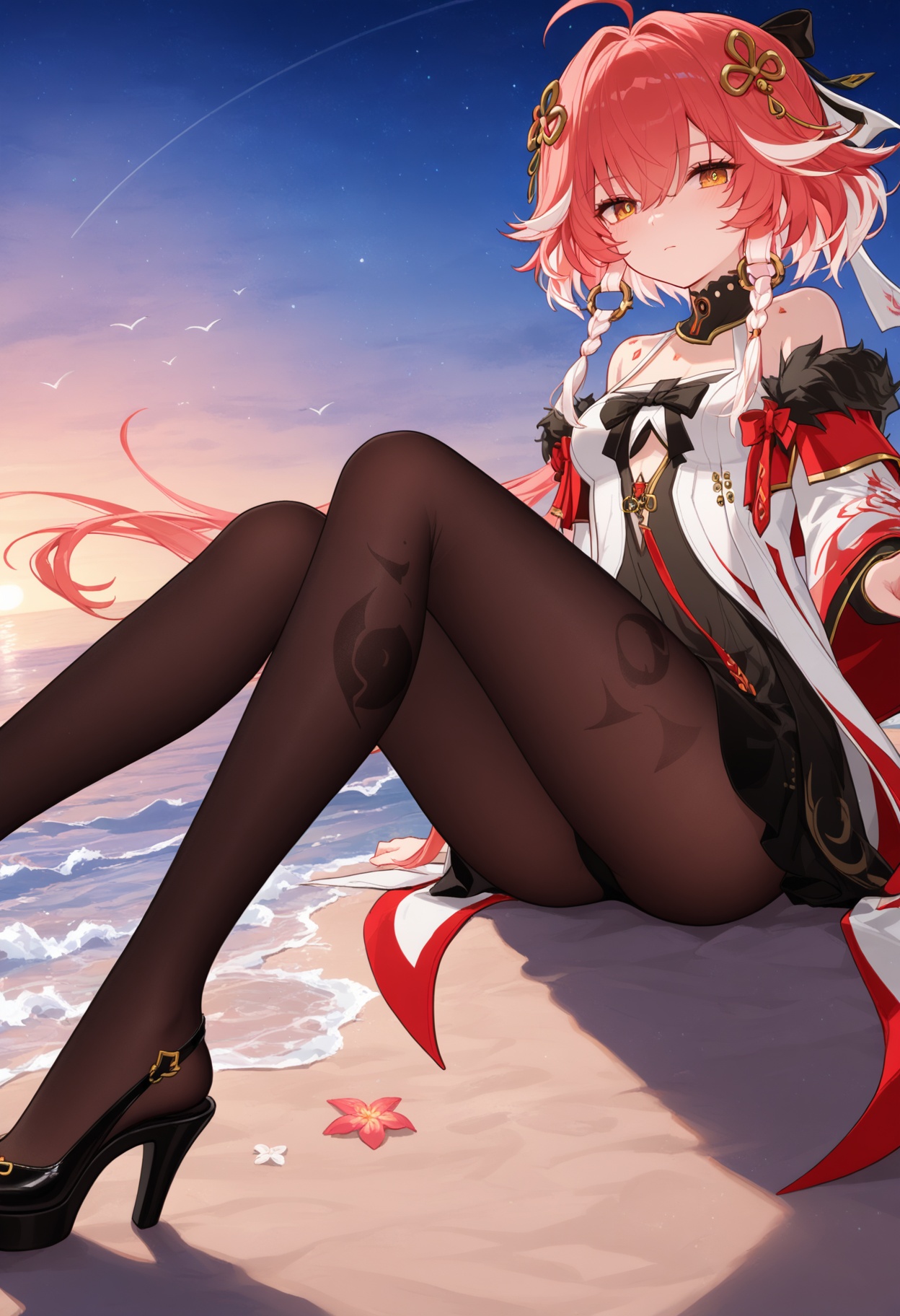 <lora:noobai_vpred_1_masterpieces_v23:1>,very aesthetic,best quality,masterpiece,solo,beach,ocean,waves,gradient_sky,starry_sky,dusk,in summer,<lora:长离师尊:1>,changli,1girl,long hair,bangs,hair ornament,ribbon,hair between eyes,bare shoulders,yellow eyes,ahoge,red hair,short hair,multicolored hair,highlighted hair,pink hair,flower,hair flower,lace stockings,exposed,sexy,<lora:锦龙吟:1>,jly,long sleeves,dress,pantyhose,black pantyhose,brown pantyhose,capelet,jacket,white jacket,fur trim,shoes,footwear,black footwear,platform footwear,heels,high heels,platform heels,