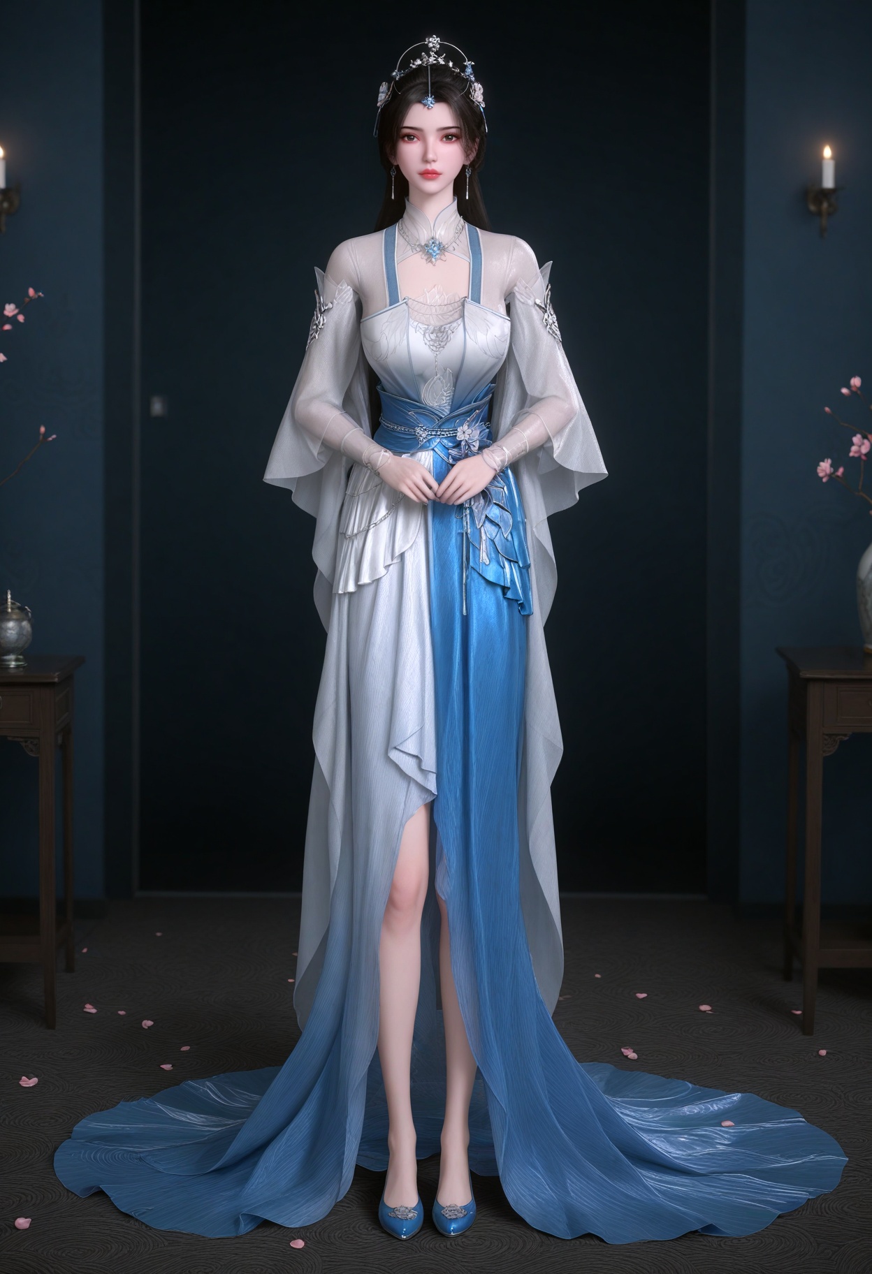 (full_body:1.1),(gigantic breasts:0.6),(slender:1.3),(looking_at_viewer:1.1),(masterpiece:1.1),(best quality:1.2),(intricate details),(smog:1.3),(Dark room:1.3),(dim lighting:1.3),peach blossom,falling petals,<lora:YQ_Illustrious光辉v5_李慕婉白衣_V1:0.8>,(q1528437228:1.1),solo,1girl,black_hair,hair_ornament,long_hair,jewelry,dress,earrings,white_dress,sash,long_sleeves,chinese_clothes,hair_bun,tiara,veil,bracelet,flower,clothing_cutout,see-through,ponytail,see-through_sleeves,single_hair_bun,blue_dress,blue_footwear,masterpiece,(best quality),(intricate details:0.9) BREAK (intricate details:0.9),(realistic skin:1.2),masterpiece,best quality,newest,absurdres,hiahres,