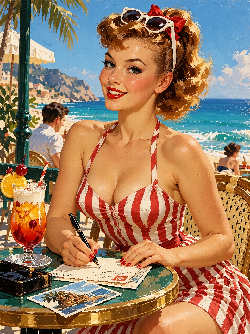 A classic American pin-up illustration of a smiling woman writing postcards at a sunny seaside café,  sunglasses on her he...