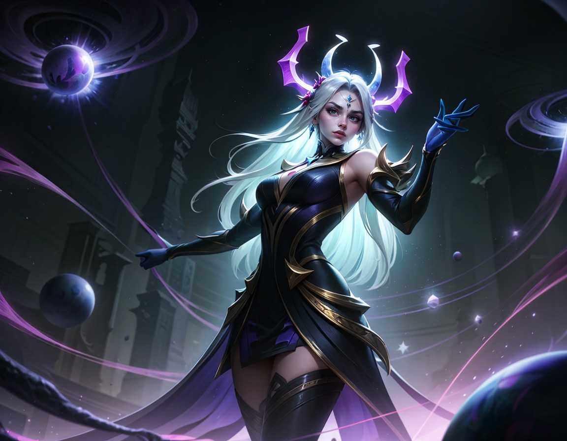 (masterpiece, best quality,top quality),(wide shot:0.95),league of legends,Dynamic angle,solo,1girl,long hair,looking at viewer,hair ornament,dragon_horns,demon_wings,silver hair,black long dress,bandaid_on_leg,),black magic,purple theme,(universe in background:1.2),star_(sky),hyper_galaxy,depth_of_field,planet in background,particle effects,<lora:【moba】lol淘宝款:0.8>,