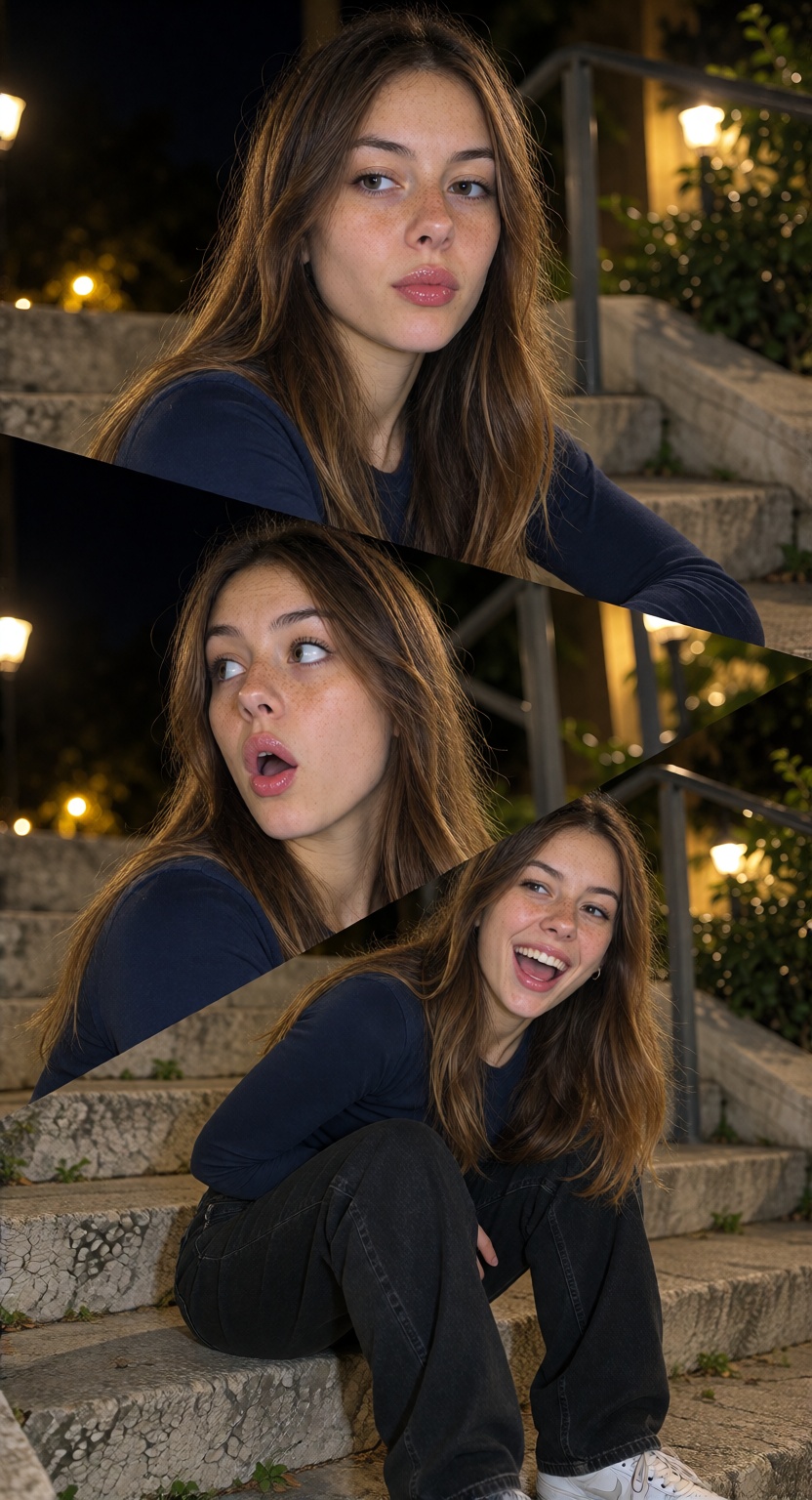 RileyX,  A three-panel split image of RileyX as one single editorial-style composition,  with very extreme jagged diagonal...