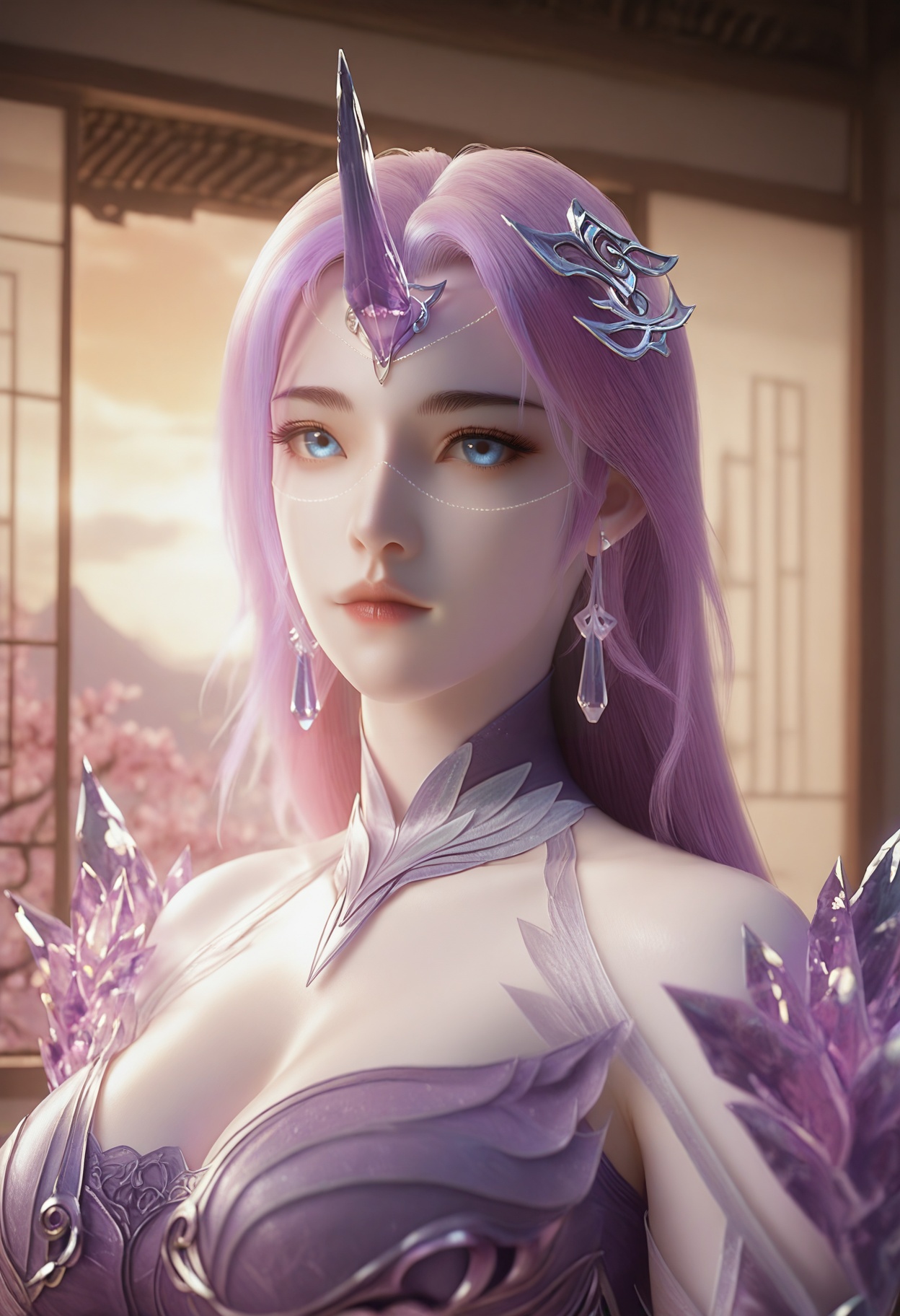 Yue_liu,1girl,blue eyes,long hair,purple hair,earrings,jewelry,hair ornament,crystal,single horn,pink hair,bare shoulders,gem,cleavage,<lora:Yue_liu_10_illu-000005:0.75>,dress,armor,see-through,skirt,purple dress,photorealistic,hyperrealistic,<lora:realistic filter [IL]:1>,(pale skin:1.2),looking at viewer,standing,(upper body:1.2),close up,head shot,lantern,open window,looking at viewer,indoors,mountains,blossoms,flowers,east asian architecture,beautiful sunrise,warm ambient temperature,