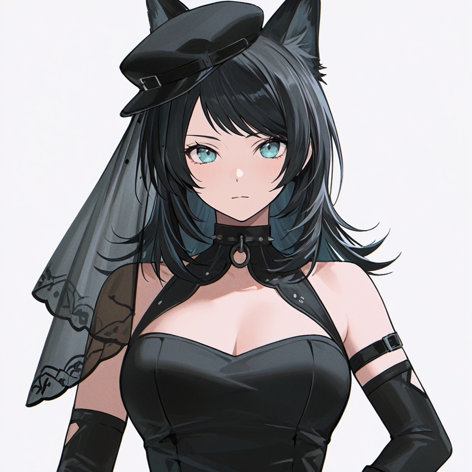 masterpiece, best quality,solo,(white background:1.2),simple background,1girl,looking at viewer,     Yahata Umiri,black hair,long hair,blue eyes,bangs,swept bangs,breasts,shirt,gloves,animal ears,tail,boots,shorts,black gloves,black footwear,dog ears,hat,dress,elbow gloves,black dress, , sleeveless dress,veil<lora:舟海-ill2pro:0.8>
