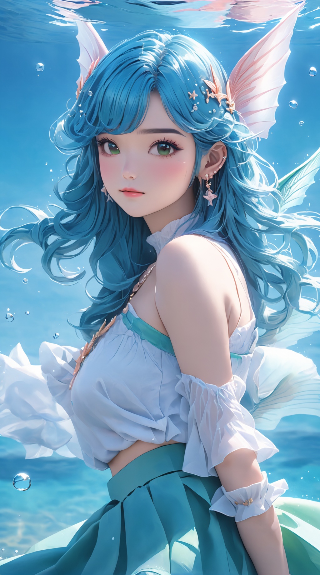 (1girl),smooth chin,masterpiece,detailed face,((hair ornament)),top quality,4k,make up,best quality,alone,single,solo,only one,one character,blush,(body blush),(detached sleeves),earrings,(blue hair),under water,(head fins),long hair,(from below),ocean,(puffy hair:1.13),head wings,frilled skirt,frilled clothes,model,looking at viewer,Cute Women,frilled shirt,bubble skirt,green skirt,full body,(detached shirt),bandeau,blue skirt,(Prayer with both hands),Masterpiece, the best quality,(The best hand)