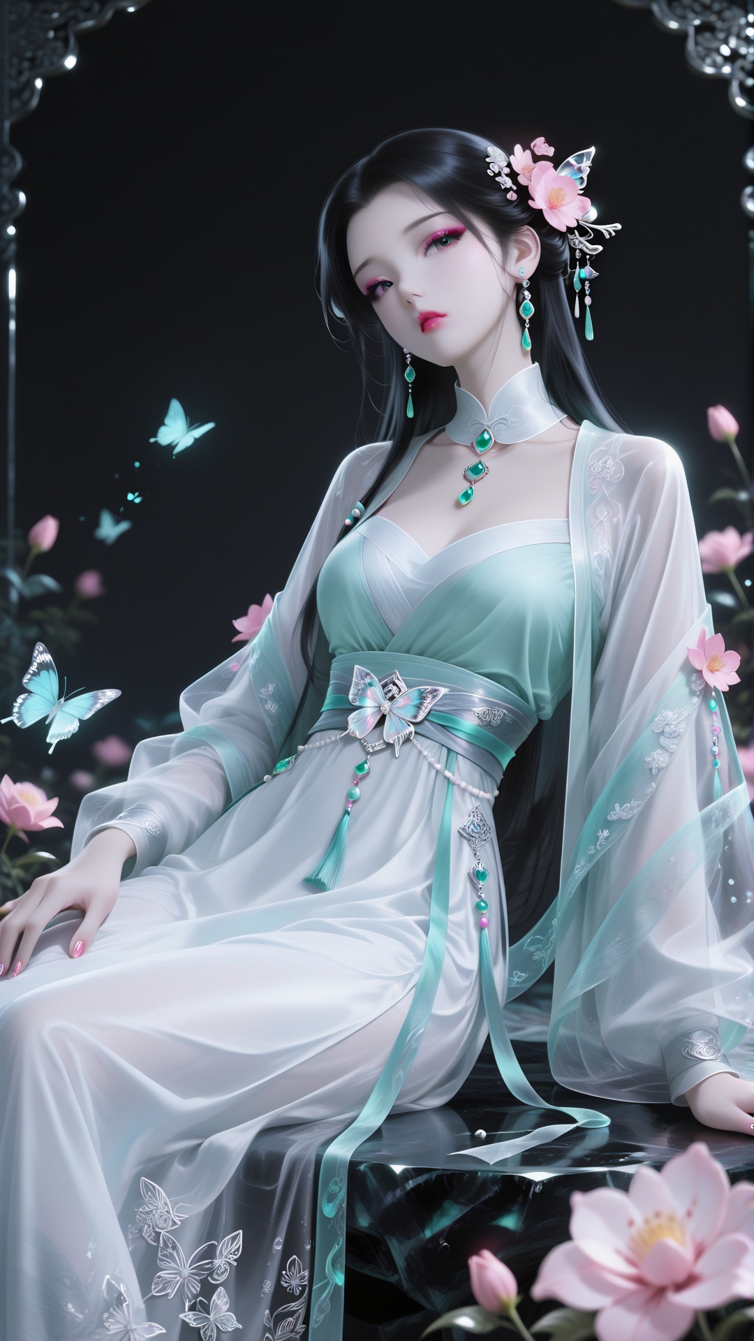 1girl, flower, solo, hair ornament, beads, pink flower, head tilt, gem, black hair, jewelry, pearl (gemstone), makeup, long hair, eyelashes, see-through, long sleeves, chinese clothes, looking at viewer, sitting, fingernails, bug, eyeshadow, earrings, hanfu, black background, butterfly, shawl, nail polish, lipstick, blurry, dress, hair flower, dark background, hair beads,<lora:光辉大脚:0.9>,
