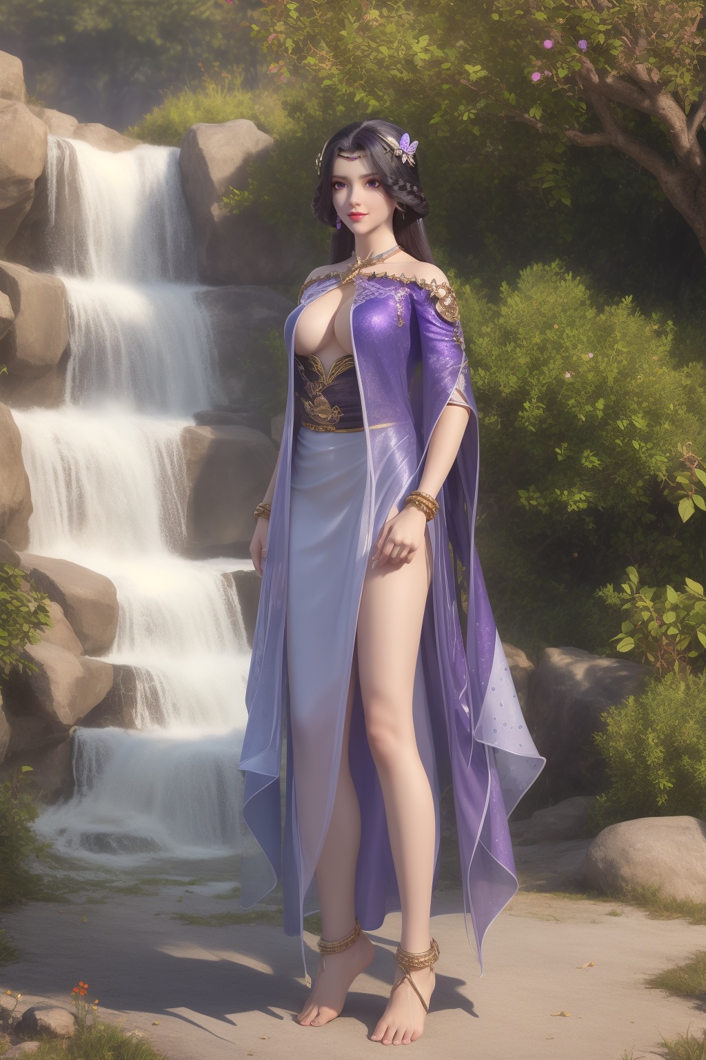 ultra realistic 8k cg,flawless,clean,masterpiece,professional artwork,famous artwork,perfect face,beautiful face,best quality,full_shot,absurdres,shenfengXiaoYunXi,1girl,solo,dress,cape,circlet,halterneck,standing,purple eyes,purple hair,shiny,see-through,torogao,smile,makeup,red lips,breasts,large breasts,jewelry,earrings,hair ornament,(outdoors:1.4),water,waterfall,butterfly,flower,braid,long hair,realistic,looking at viewer,barefoot,anklet,barefoot sandals,<lora:shenfengXiaoYunXi_20240106234614-000004:0.7>,