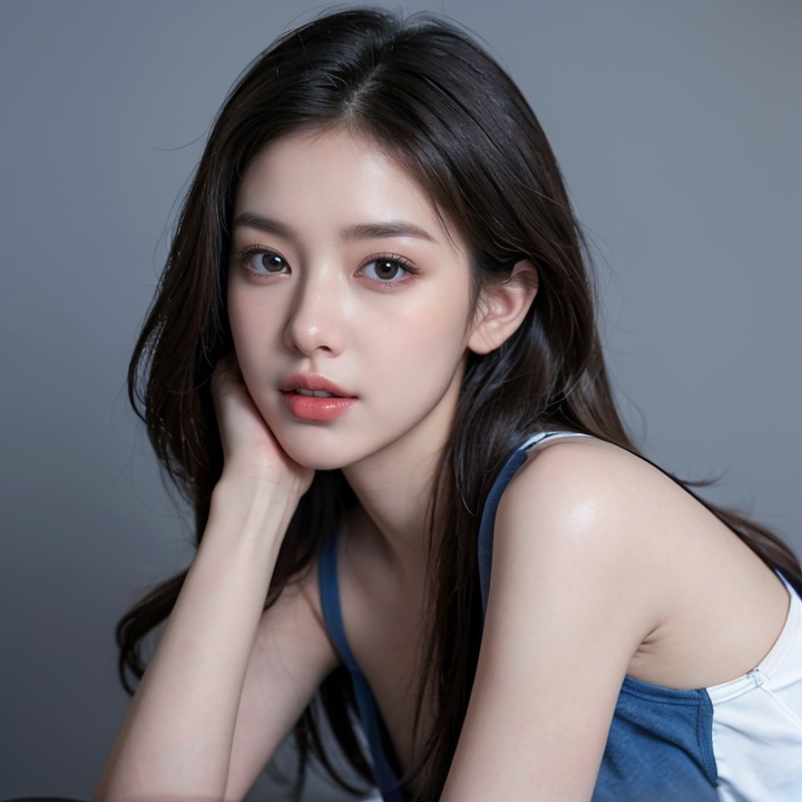 front angle,(8k, best quality, masterpiece:1.2),(realistic, photo-realistic:1.37),ultra-detailed,(looking_at_viewer:1.4),(eye-contact:1.4),1girl, solo, looking_at_viewer, realistic, blue_background, teeth, lips, long_hair, upper_body, open_mouth, ****_top, <lora:YG初恋女神小姐姐:0.7>,