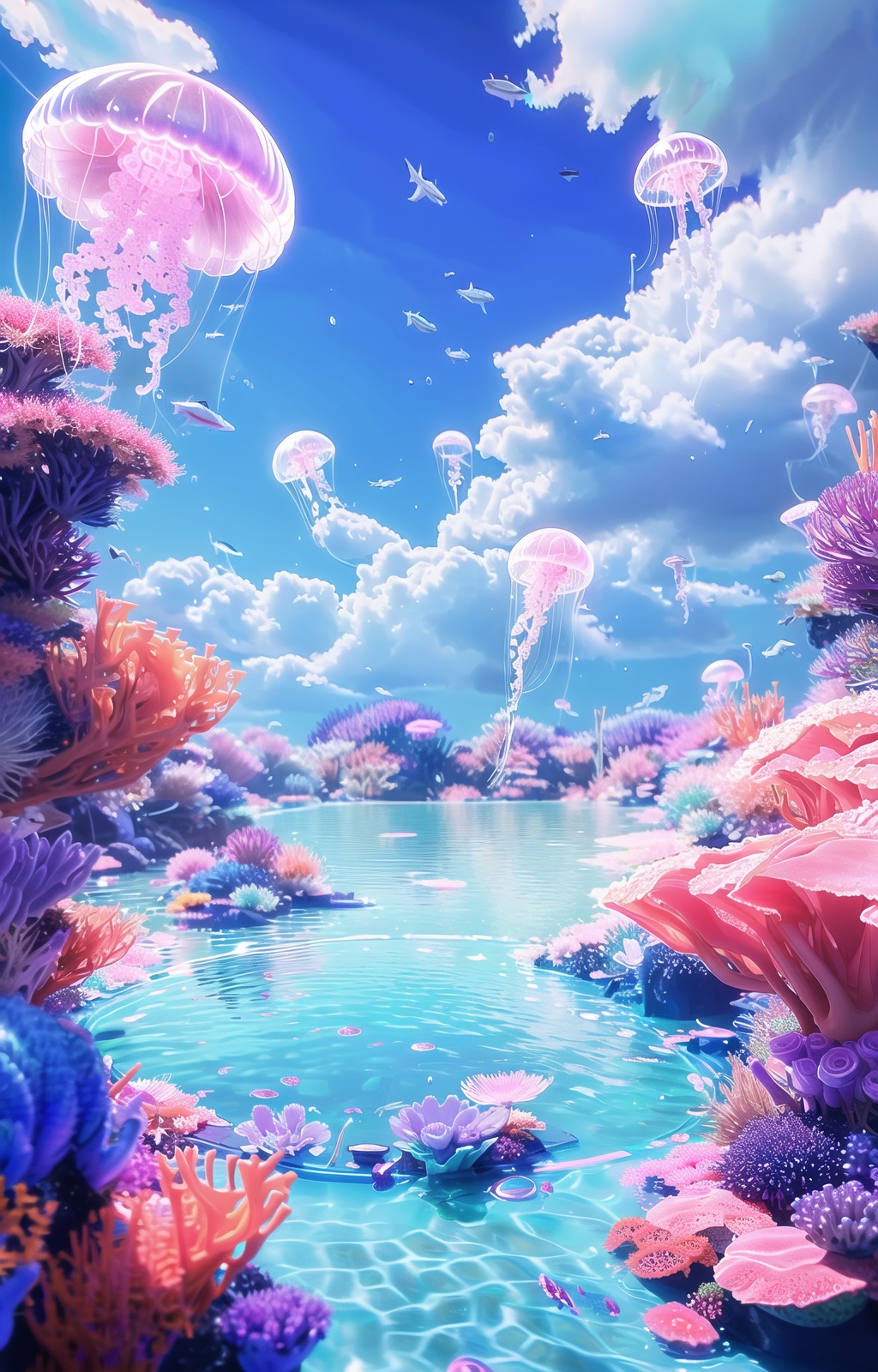 shenhai, jellyfish, cloud, outdoors, coral, day, no humans, blue sky, fish, water, bird, flower, ocean, starry sky, a fantasy world background, a round stage in the center,<lora:shenhai:1>,