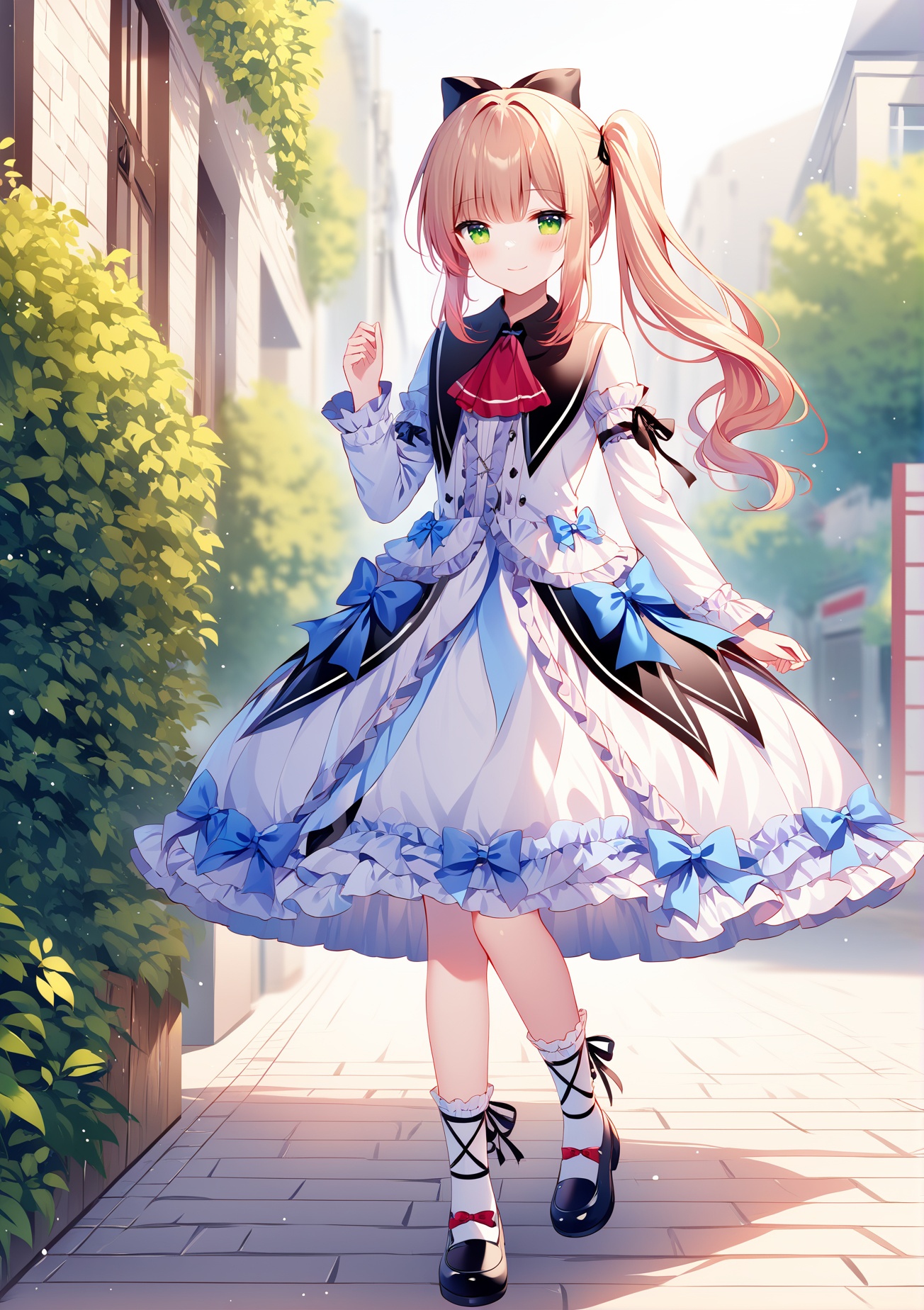 (masterpiece), (best quality), illustration, ultra detailed, hdr, Depth of field, (colorful),[rimuu:0.6, sheya:0.5,haneru,]Renne(lo), frilled dress,lo shoes,frilled socks,leg ribbon, frills,red ascot,blue bow,white dress,1girl,long hair,side ponytail,green eyes,light brown hair,smile,teenage,street,  garden,standing,standing on one leg, <lora:RenneloXLAni3:1>