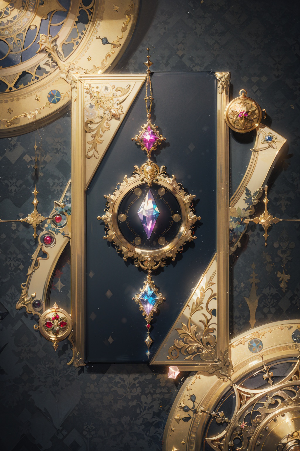 masterpiece,best quality,no humans,gold line,gold,argyle,argyle background,gem,glowing,gold trim,jewelry,magic circle,symbol,crystal,fantasy,still life,badge,