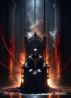 king chained to medium-sized throne sitting in a great hall BREAK death hanging by a thread, danger, brilliant colors, unfocused dark smoky background, sheen, chiaroscuro, smoke, blood, Philippe Druillet Style