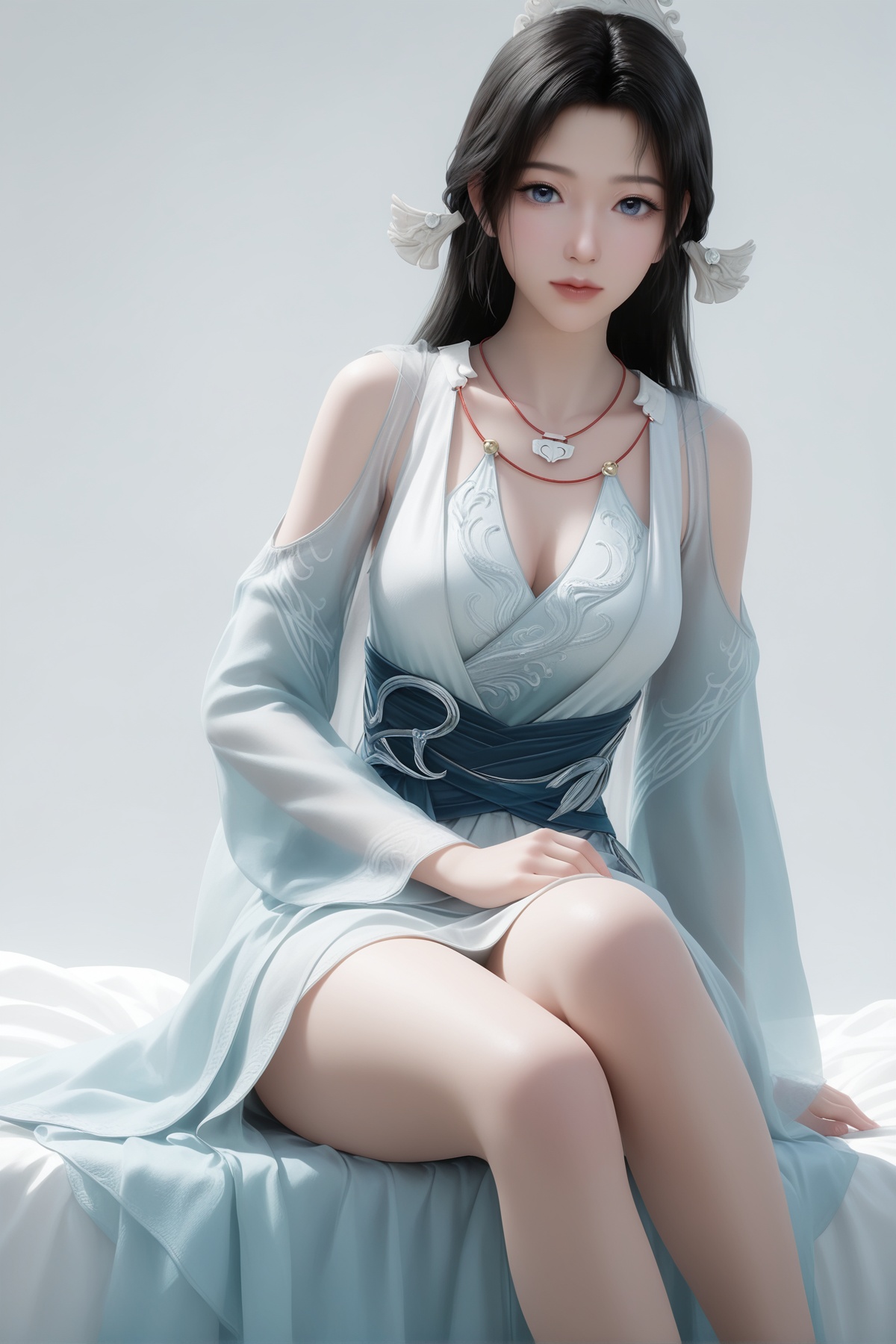 masterpiece,best quality,realistic,cinematic,detail eyes,(ultra-detailed),perfect composition,intricate details,absurdres,detailed face,high quality,high res,8K,<lora:X_songyu_IL3.0:0.8>,1girl,long hair,breast,medium breast,hair_ornament,dress,black hair,blue eyes,white_dress,bare_legs,sitting,bed,simple background,looking_at_viewer,