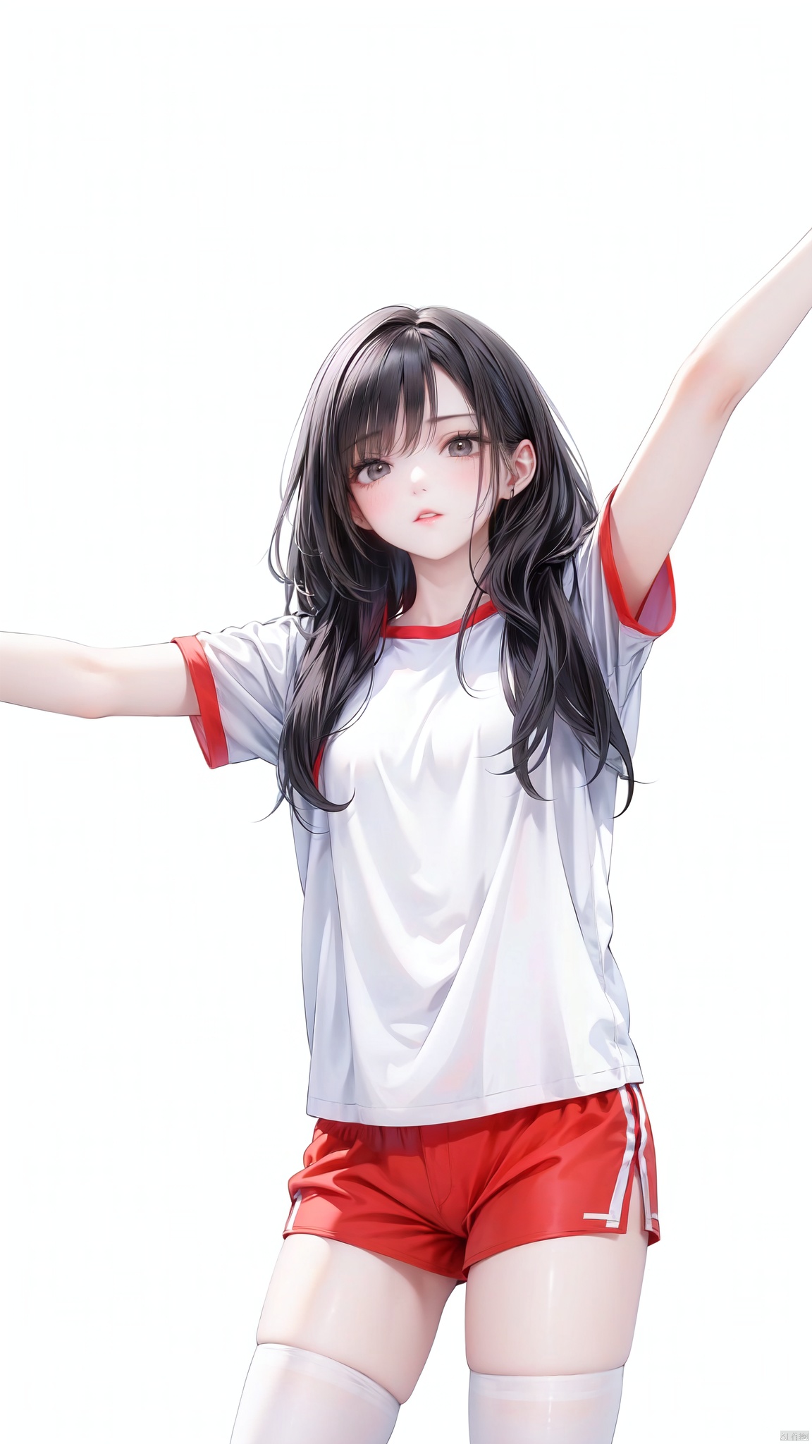 1girl, solo, long hair, looking at viewer, blush, shirt, black hair, thighhighs, standing, white shirt, short sleeves, thighs, parted lips, shorts, hand up, black eyes, white thighhighs, short shorts, hair over shoulder, red shorts,Gymnastic suit,Simple background,White background<lora:EMS-93-EMS:0.800000>, <lora:EMS-27162-EMS:0.300000>, <lora:EMS-69165-EMS:0.500000>, <lora:EMS-254762-EMS:0.500000>